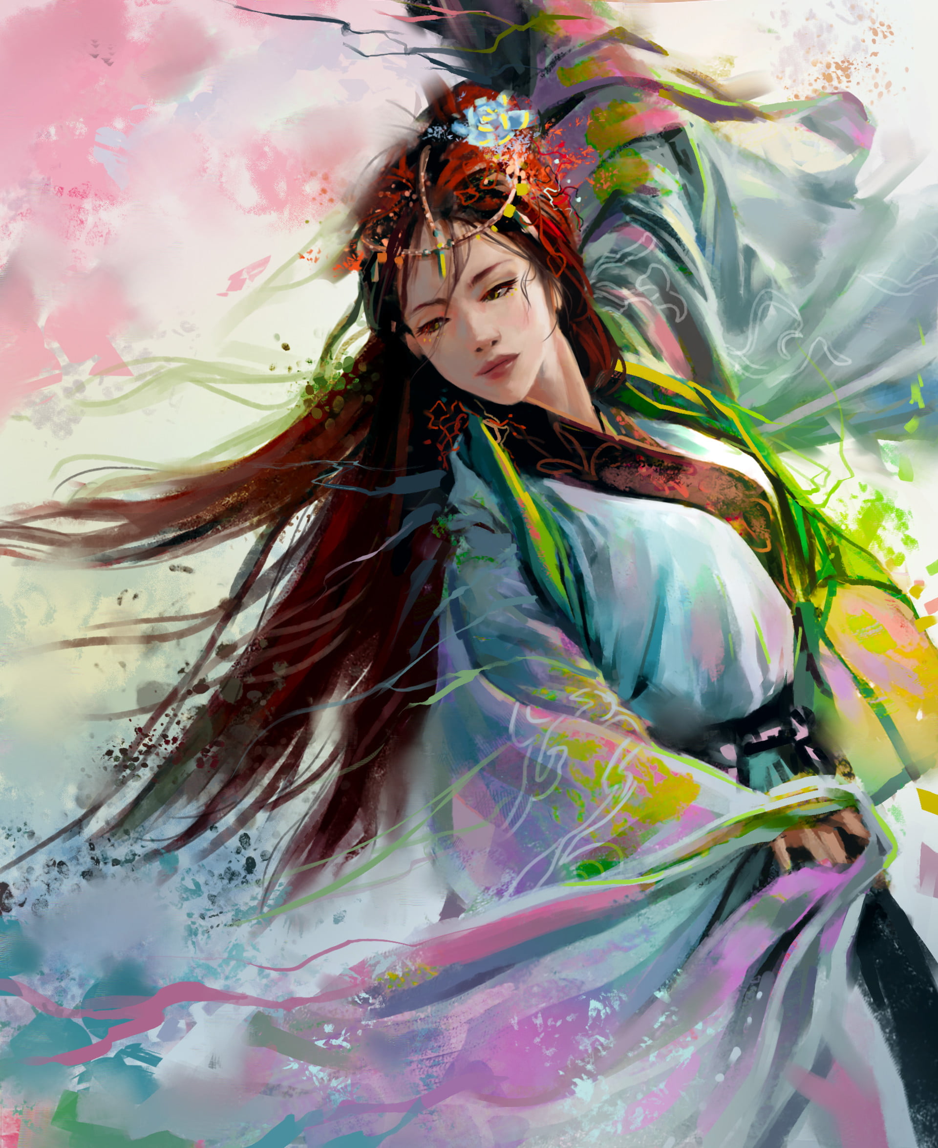 hanfu, mantle, Hannah Jones, tie, women, 1080P, painting, fantasy art, Chinese dress, digital art, fantasy girl, redhead, long hair, colorful, Phone HD Wallpaper