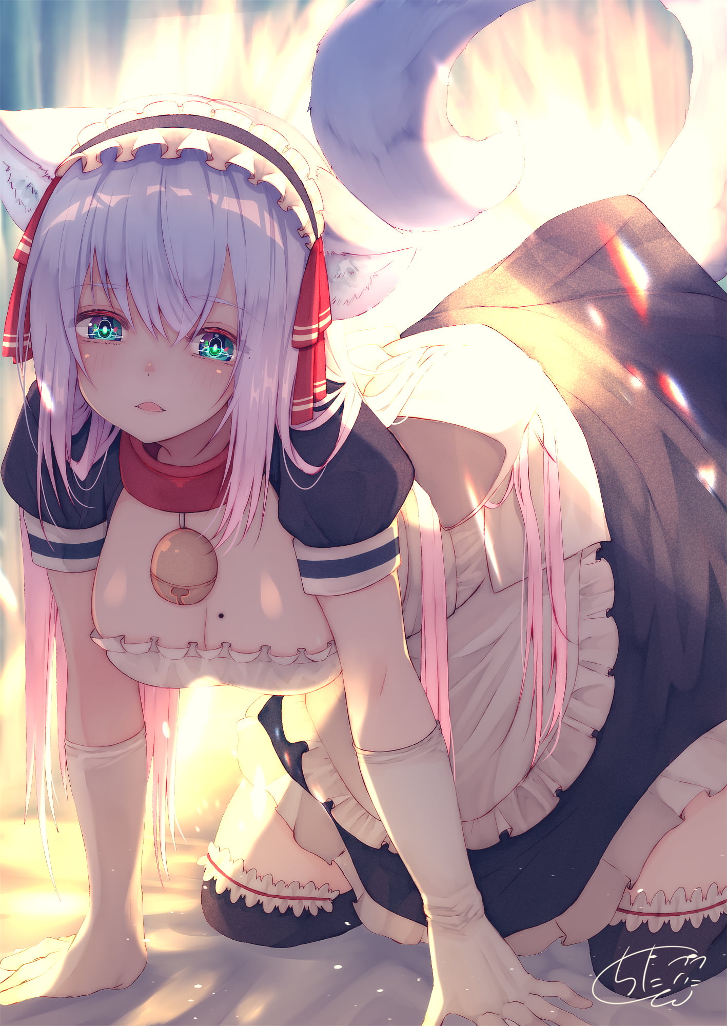 elbow gloves, cleavage, blushing, artwork, thigh-highs, fantasy girl, lens flare, backlighting, anime girls, dress, anime, chita (ketchup), kneeling, digital art, Phone HD Wallpaper