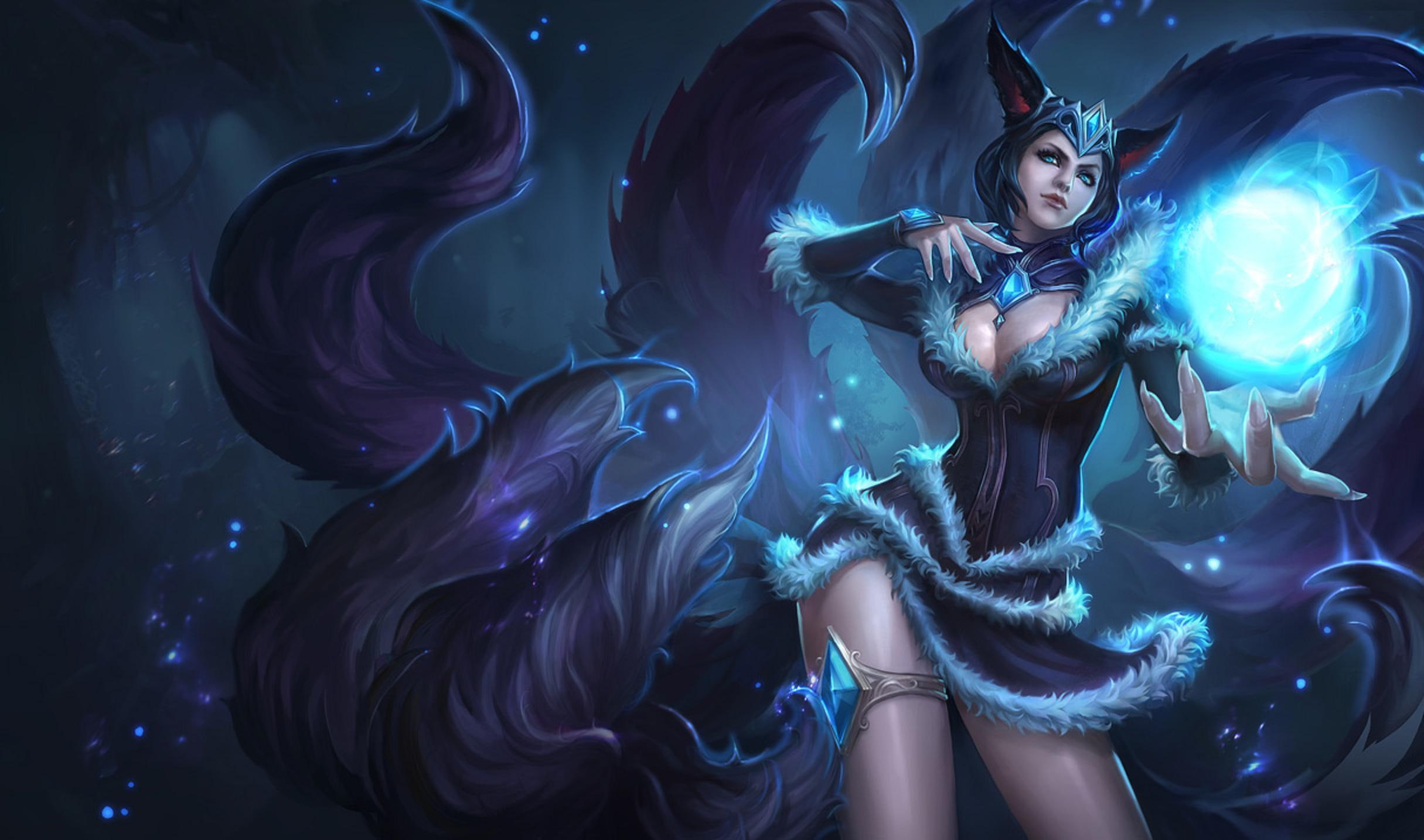 ahri, dark hair, blue eyes, female, games, cat ears, league of legends, video games, 1080P, tails, HD Wallpaper