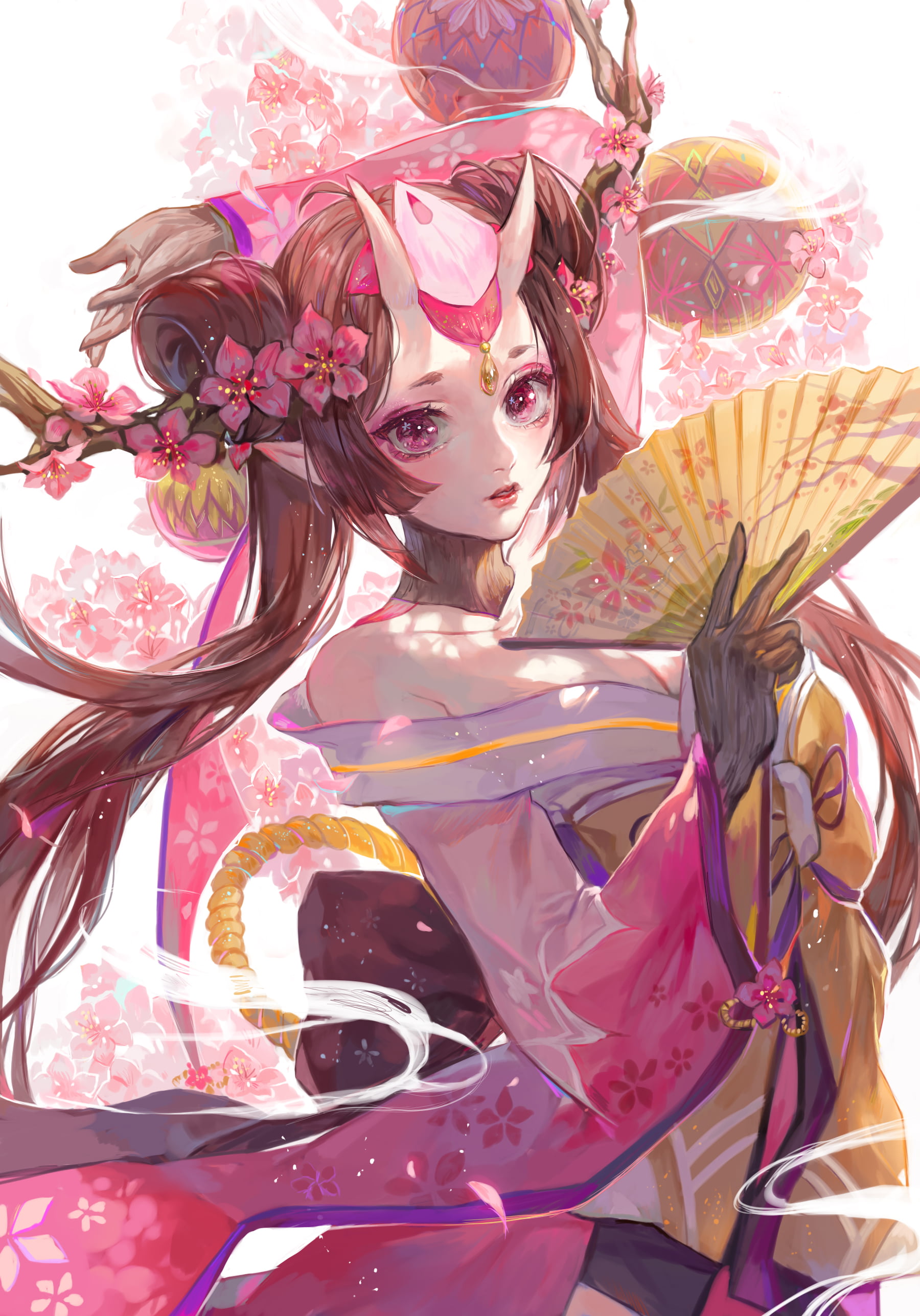 pink eyes, horns, looking at viewer, 2K, women, pointed ears, digital painting, drawing, flowers, illustration, brunette, anime girls, demon girls, painting, Phone HD Wallpaper