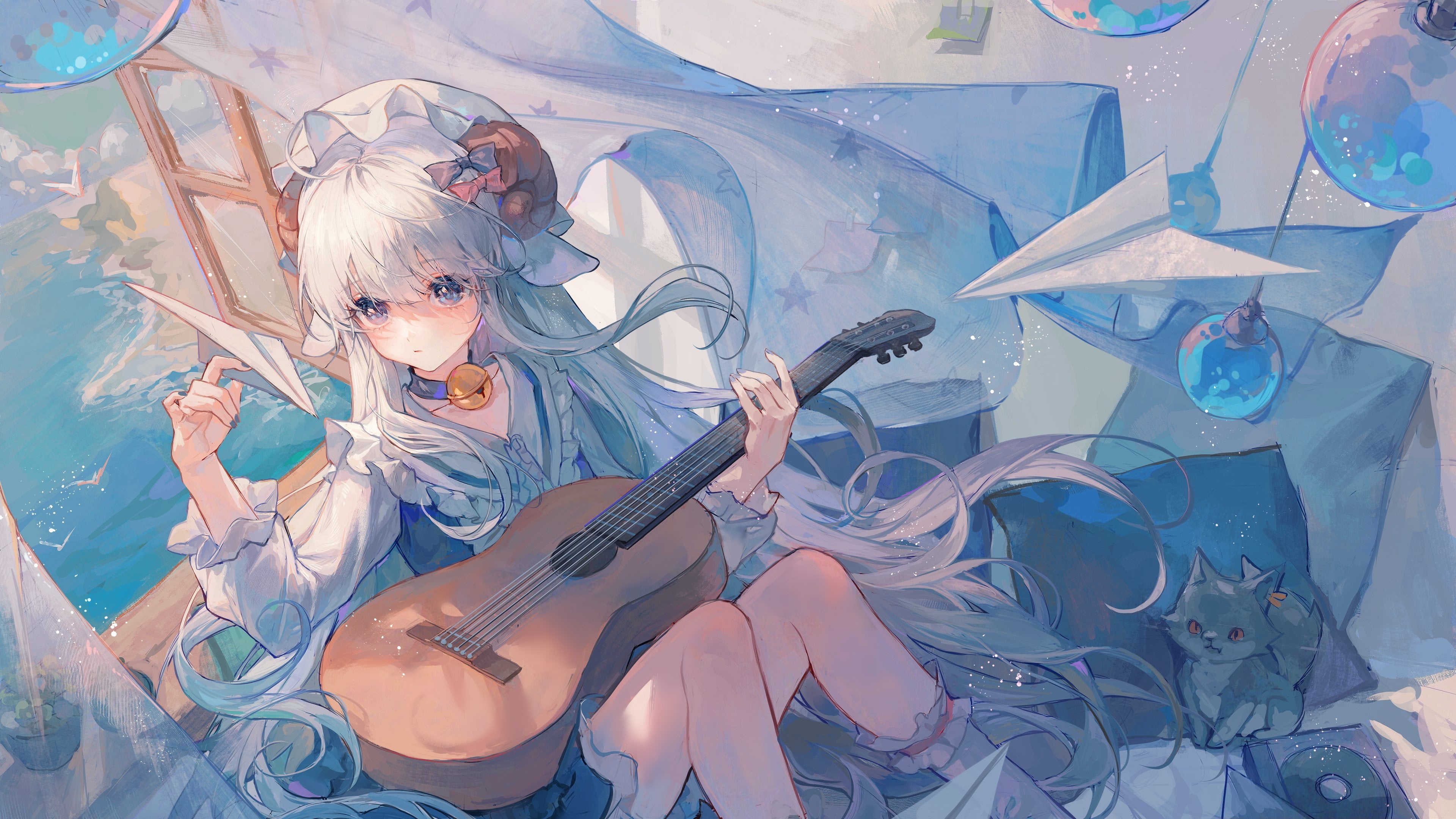 4K, original characters, musical instrument, Matcha_, cats, anime girls, HD Wallpaper