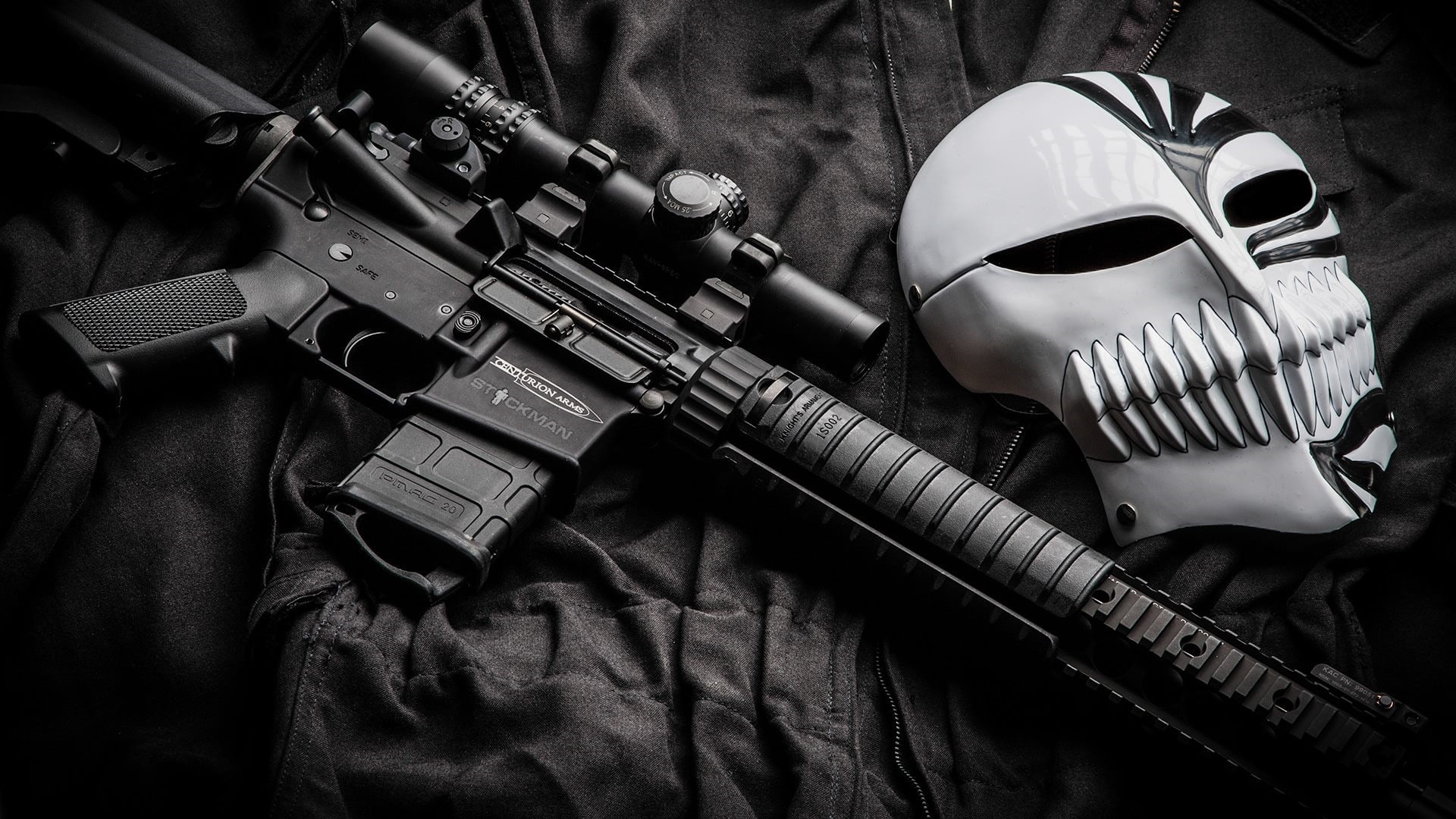 weapon, 1080P, mask, darkness, black and white, gun, HD Wallpaper