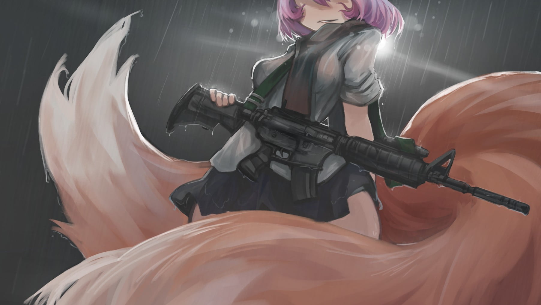 clothing, weapon, skirt, holding, three quarter length, protection, nature, aggression, occupation, one person, purple hair, fox girl, real people, blurred motion, HD Wallpaper