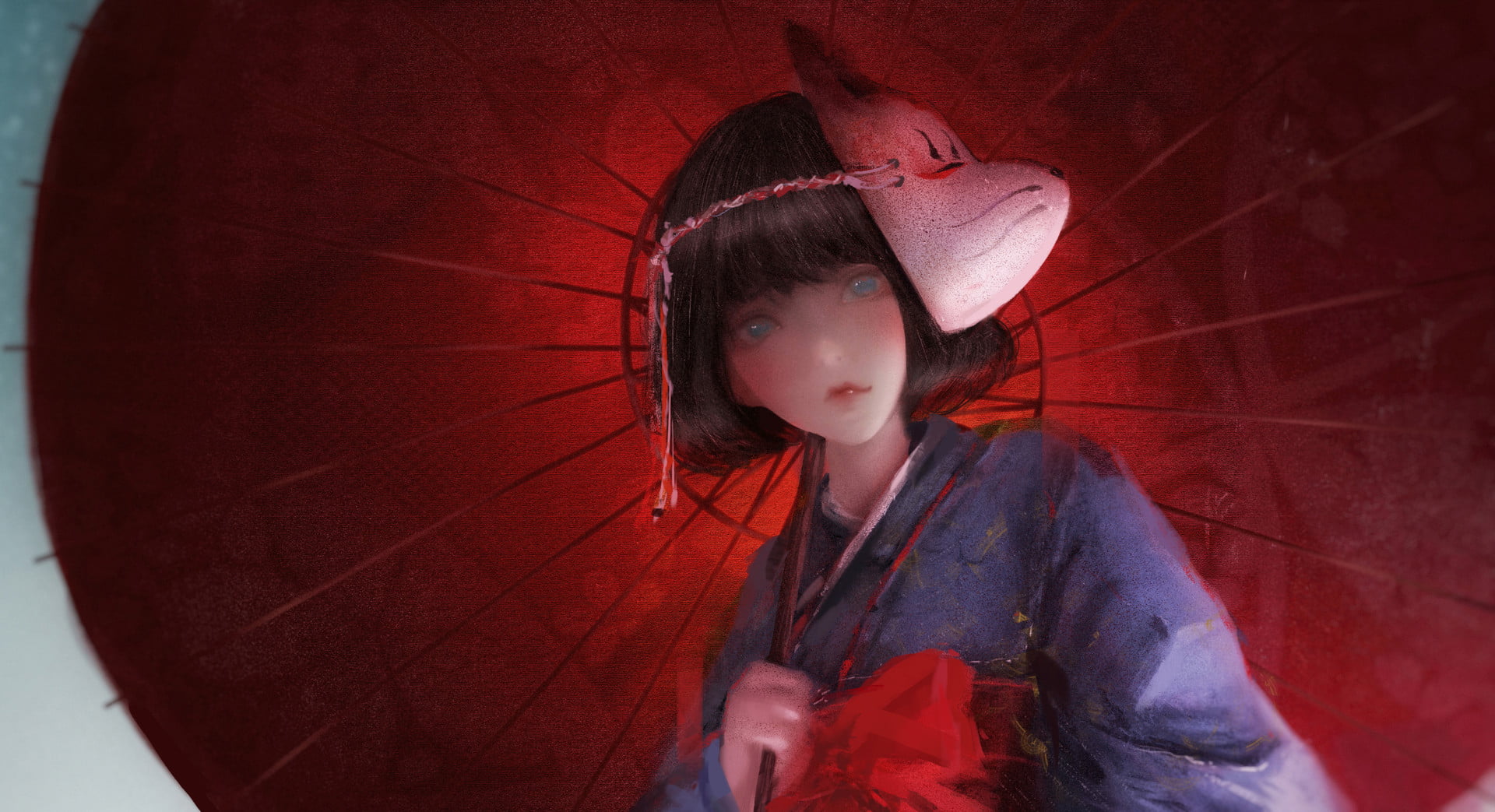 digital art, anime girls, blue eyes, kimono, 1080P, artwork, umbrella, anime, mask, red, HD Wallpaper