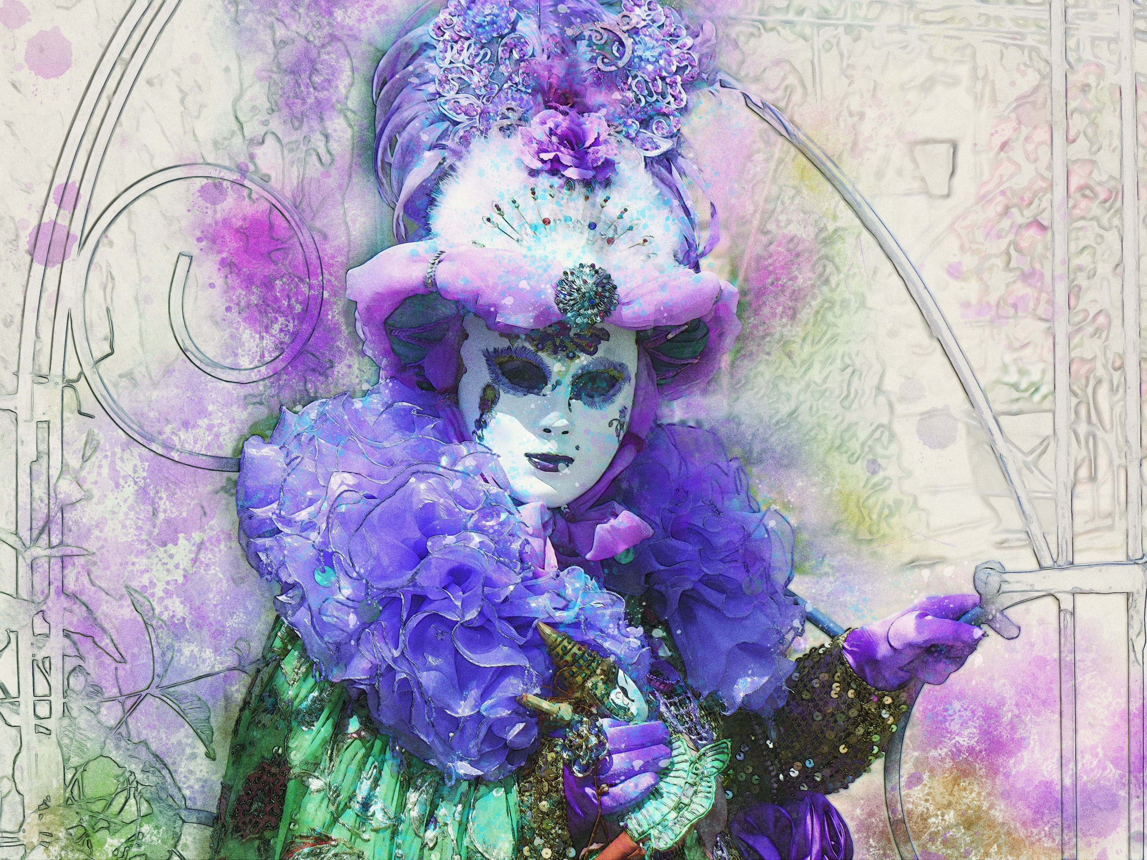 nature, carnival - celebration event, disguise, blue, indoors, carnival costume, closed face, flower, digital painting, venice, feathers, plant, holiday, HD Wallpaper
