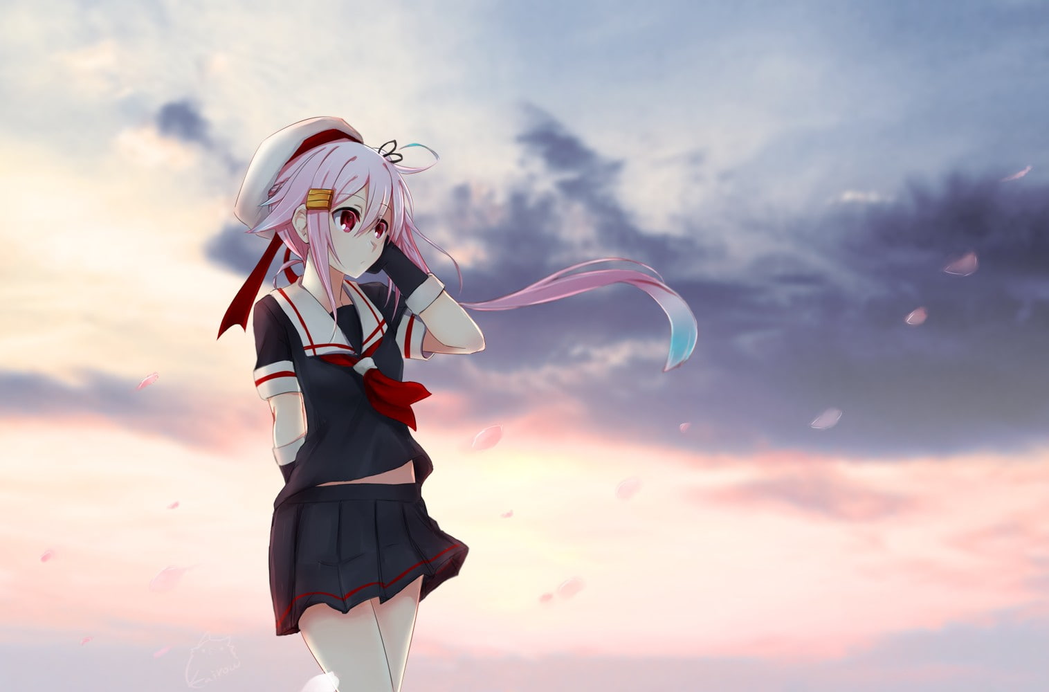skirt, pink hair, Harusame (KanColle), ribbon, Kantai Collection, long hair, clouds, anime, flower petals, sailor uniform, sky, anime girls, 720P, HD Wallpaper