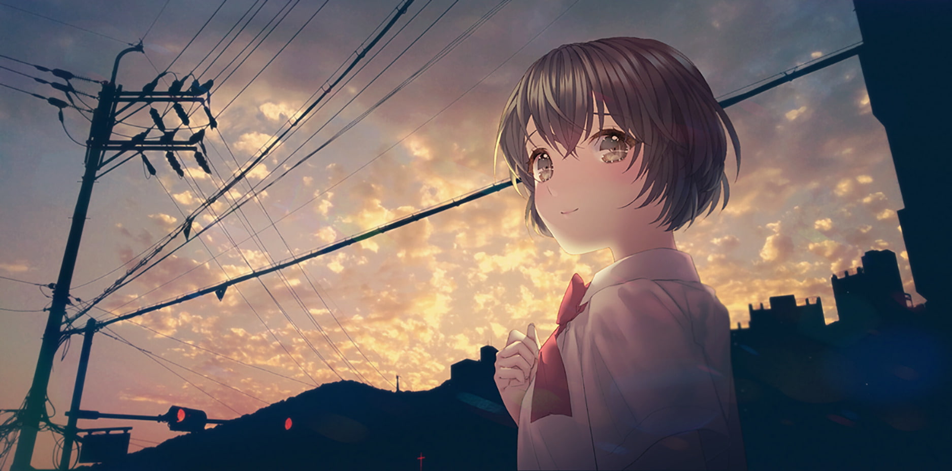 Traffic Light, School Uniform, Anime, Cloud, Short Hair, Evening, 720P, Original, Girl, Sky, HD Wallpaper