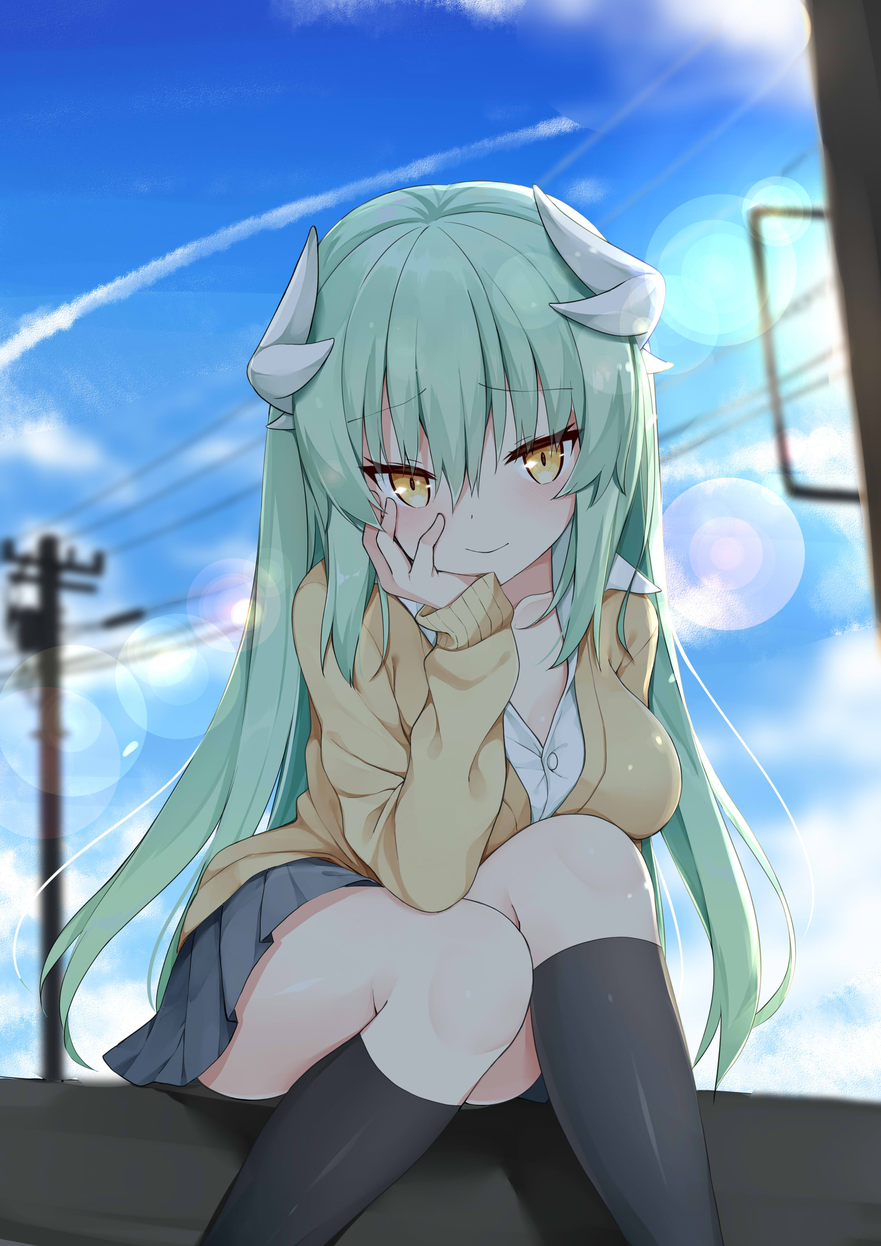 vertical, city, school uniform, long hair, Fate/Grand Order, socks, yellow eyes, FGO, clouds, blonde, sky, Smile, portrait display, 4K, artwork, digital art, Phone HD Wallpaper