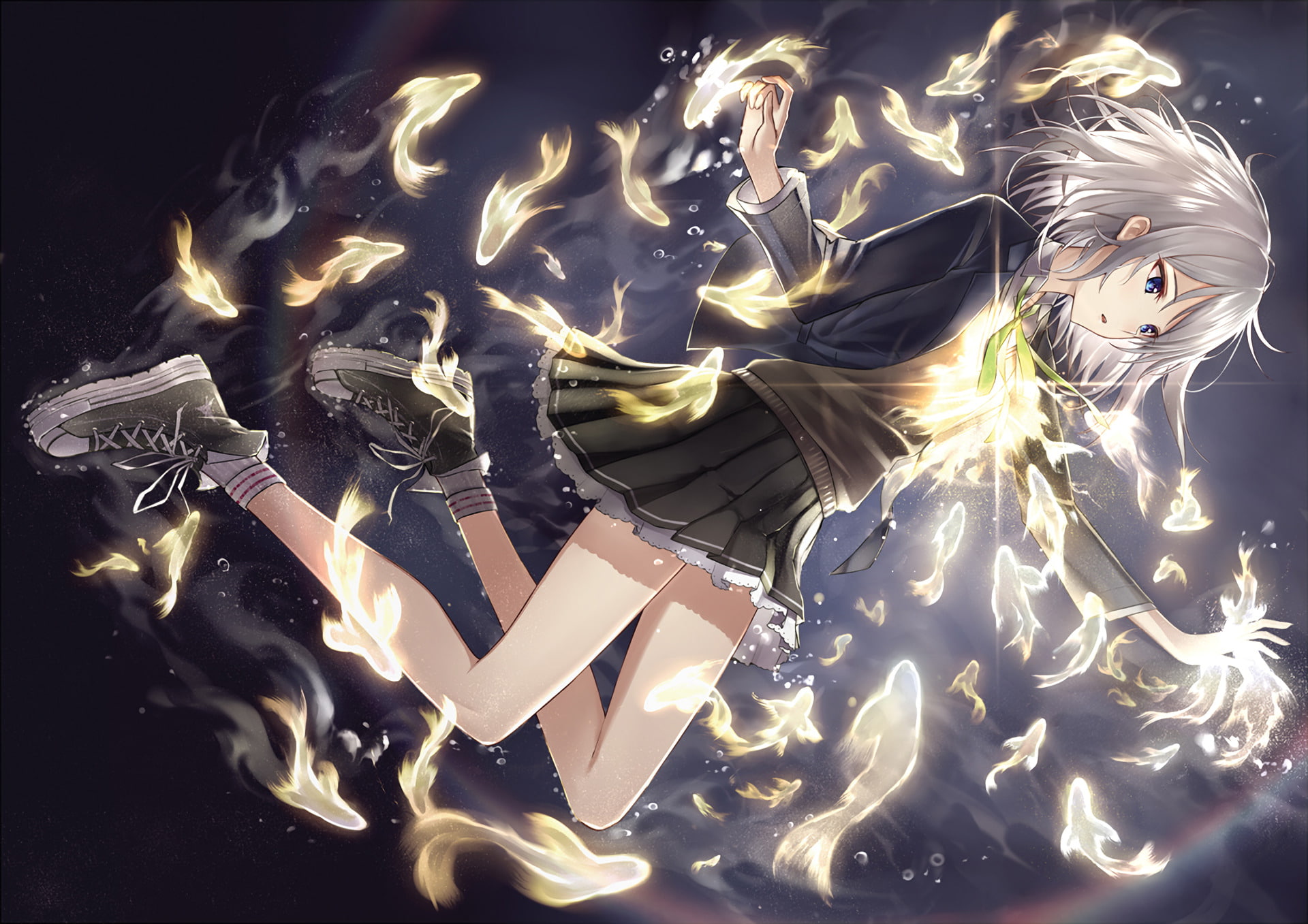 School Uniform, Anime, Fish, 1080P, Short Hair, Sneakers, Light, Girl, White Hair, Blue Eyes, Original, HD Wallpaper