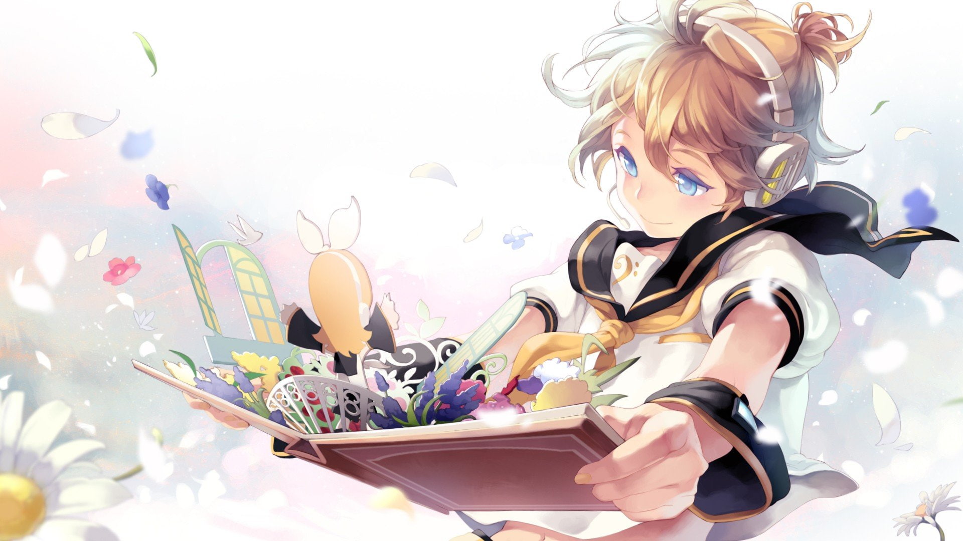 books, flowers, Short Hair, blue eyes, headphones, Ponytail, Anime Boys, School Uniform, petals, Blonde, Detached Sleeves, 1080P, Kagamine Len, vocaloid, HD Wallpaper