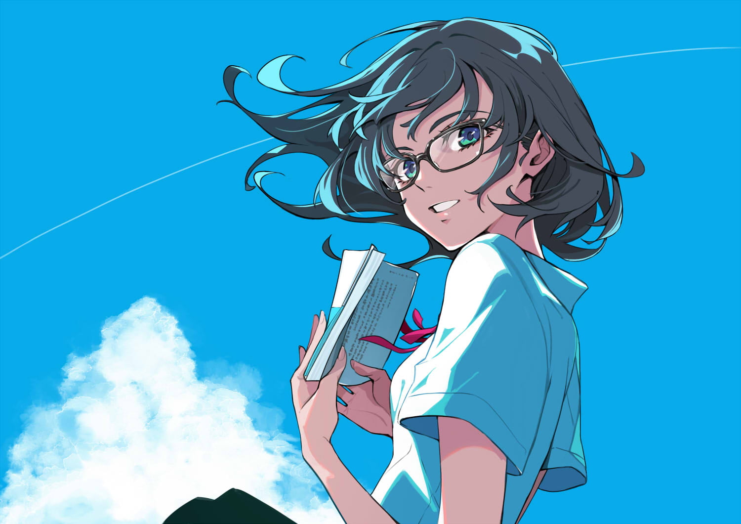 anime girls, clouds, blue eyes, smiling, short hair, sky, reading, looking at viewer, 720P, books, anime, dark hair, wind, glasses, HD Wallpaper