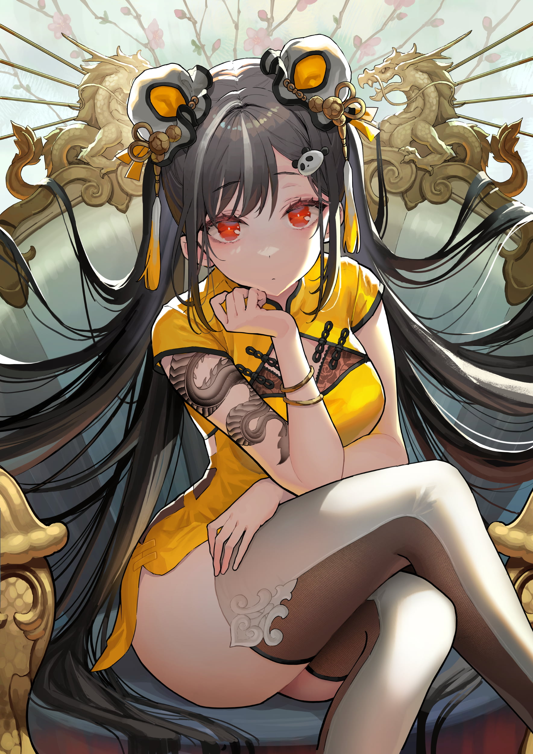 anime girls, Cheongsam, legs crossed, looking at viewer, artwork, 1080P, original characters, Chinese dress, thigh-highs, sitting, drawing, Mai Okuma, Phone HD Wallpaper