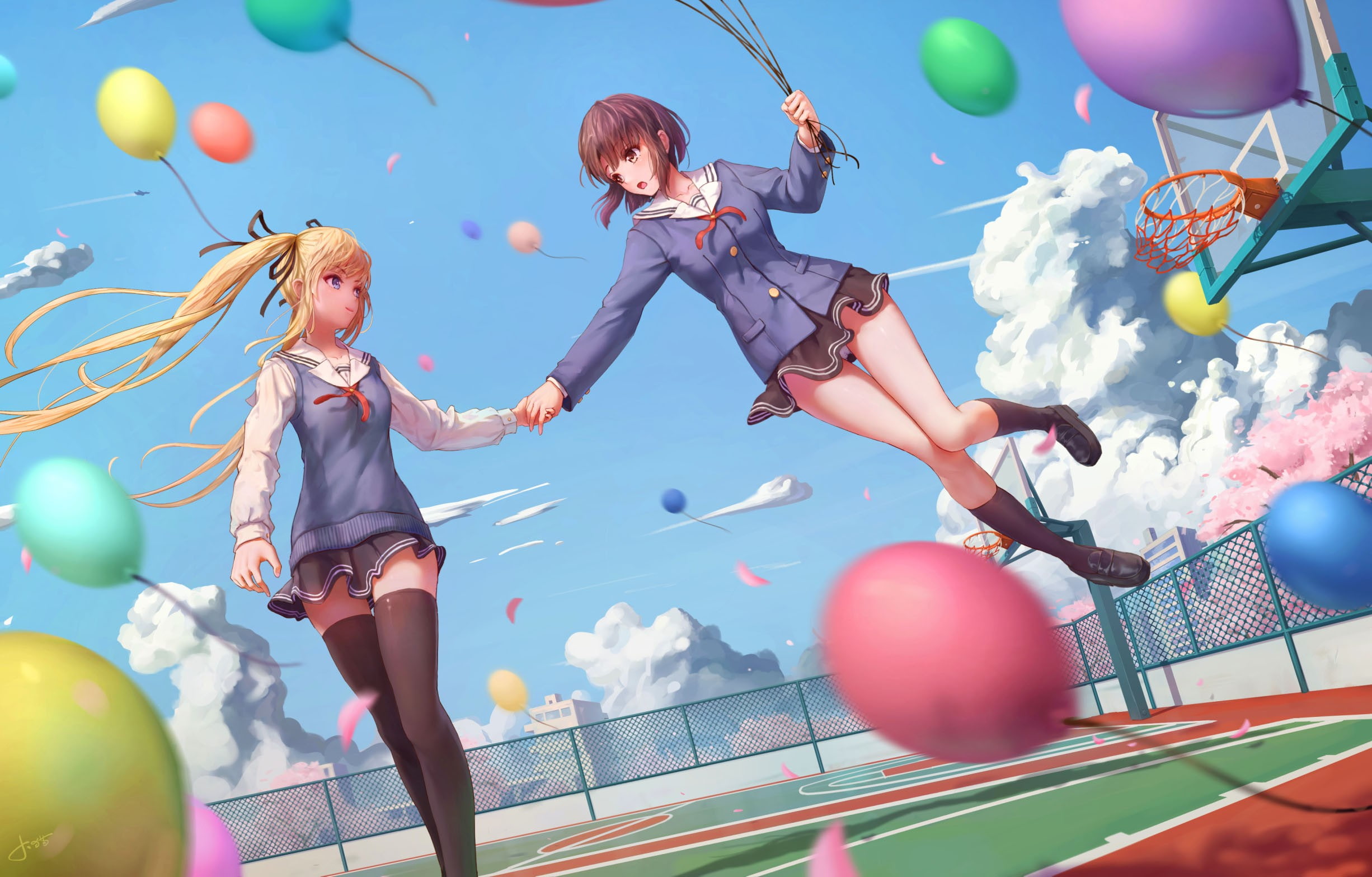Saenai Heroine no Sodatekata, anime girls, 1080P, thigh-highs, balloon, anime, festivals, Sawamura Eriri Spencer, Kato Megumi, HD Wallpaper
