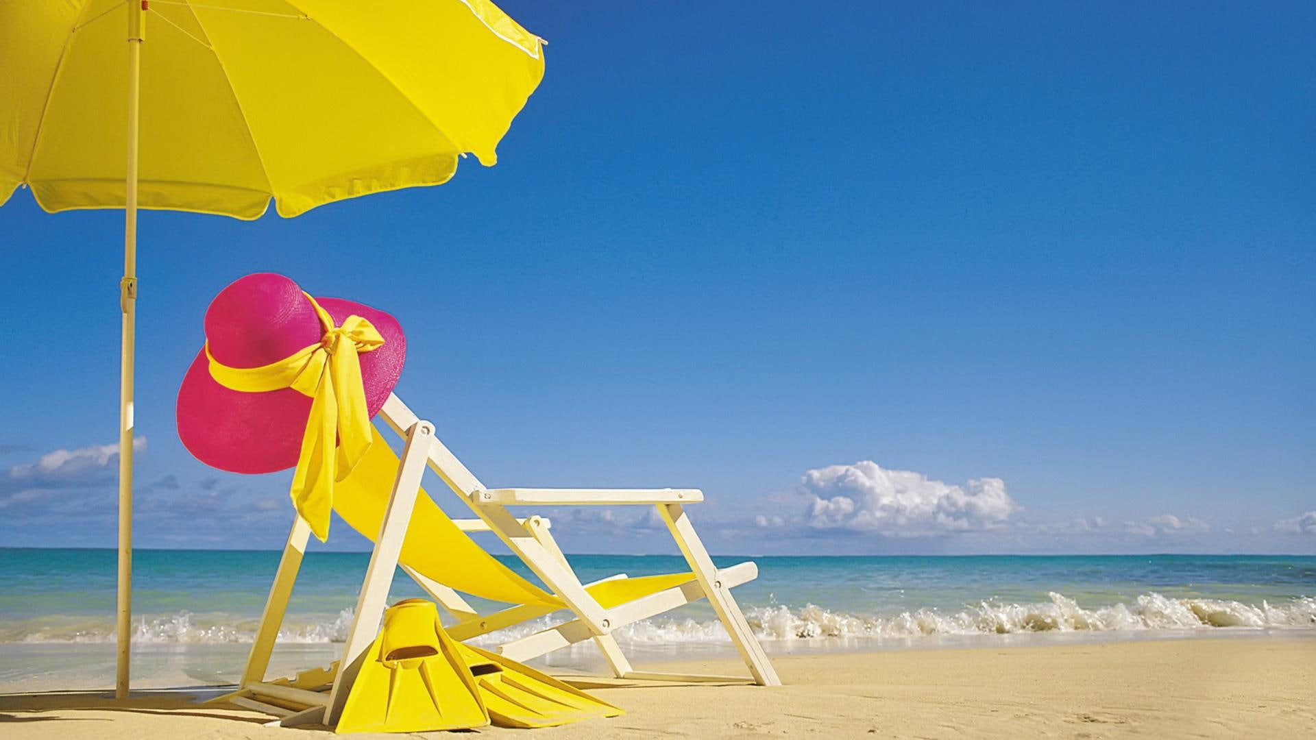 chair, beach, yellow, umbrella, summer, nature and landscapes, 1080P, HD Wallpaper