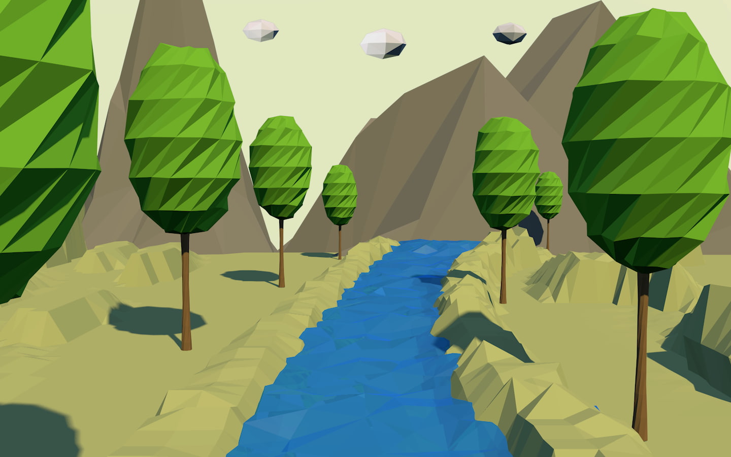 umbrella, low poly, yellow, multi colored, day, mountains, blue, leaf, shadow, hanging, pattern, ceiling, art and craft, creativity, inflatable, no people, HD Wallpaper