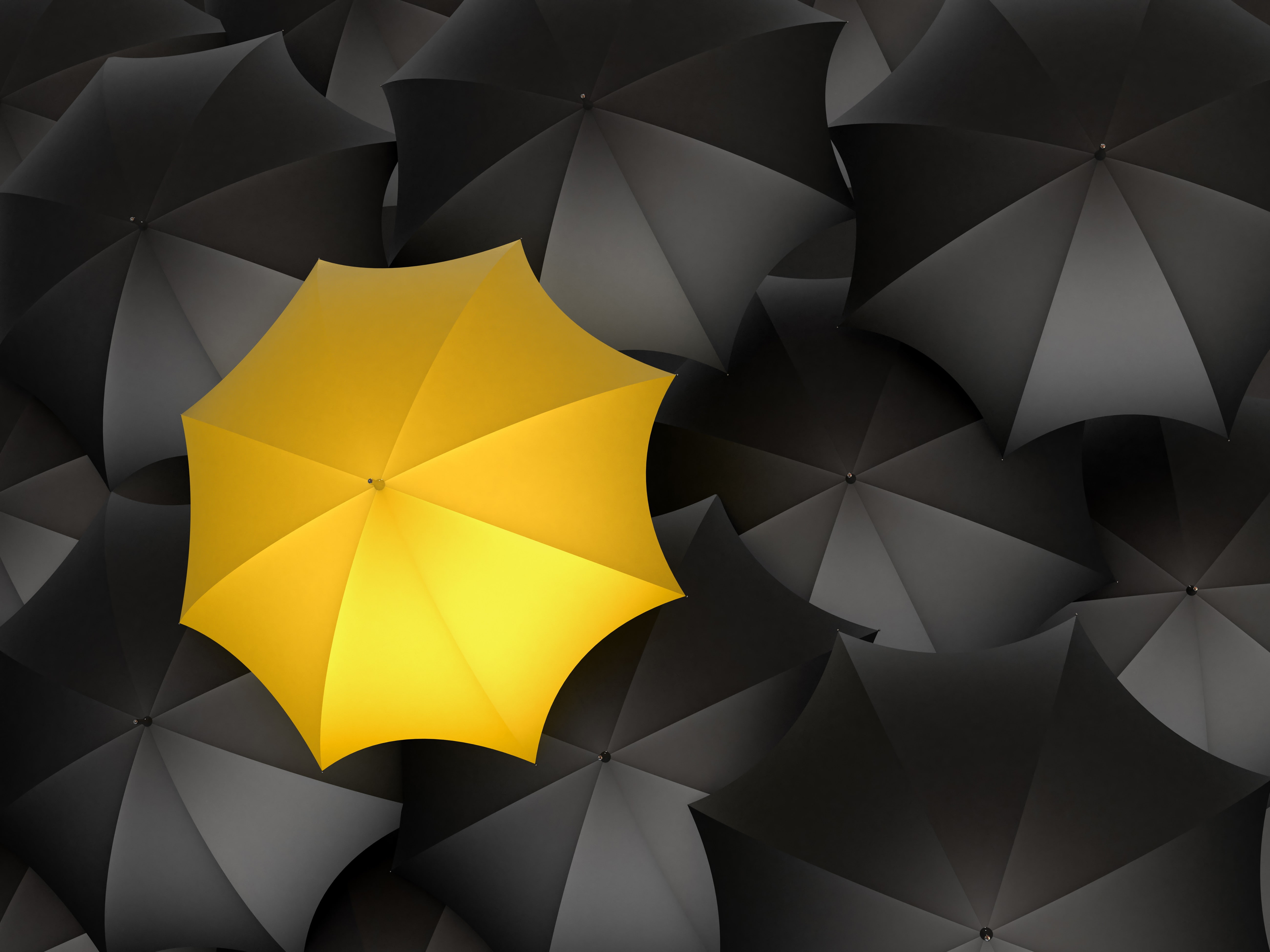 pattern, digital art, 5K, umbrella, selective coloring, minimalism, monochrome, yellow, HD Wallpaper