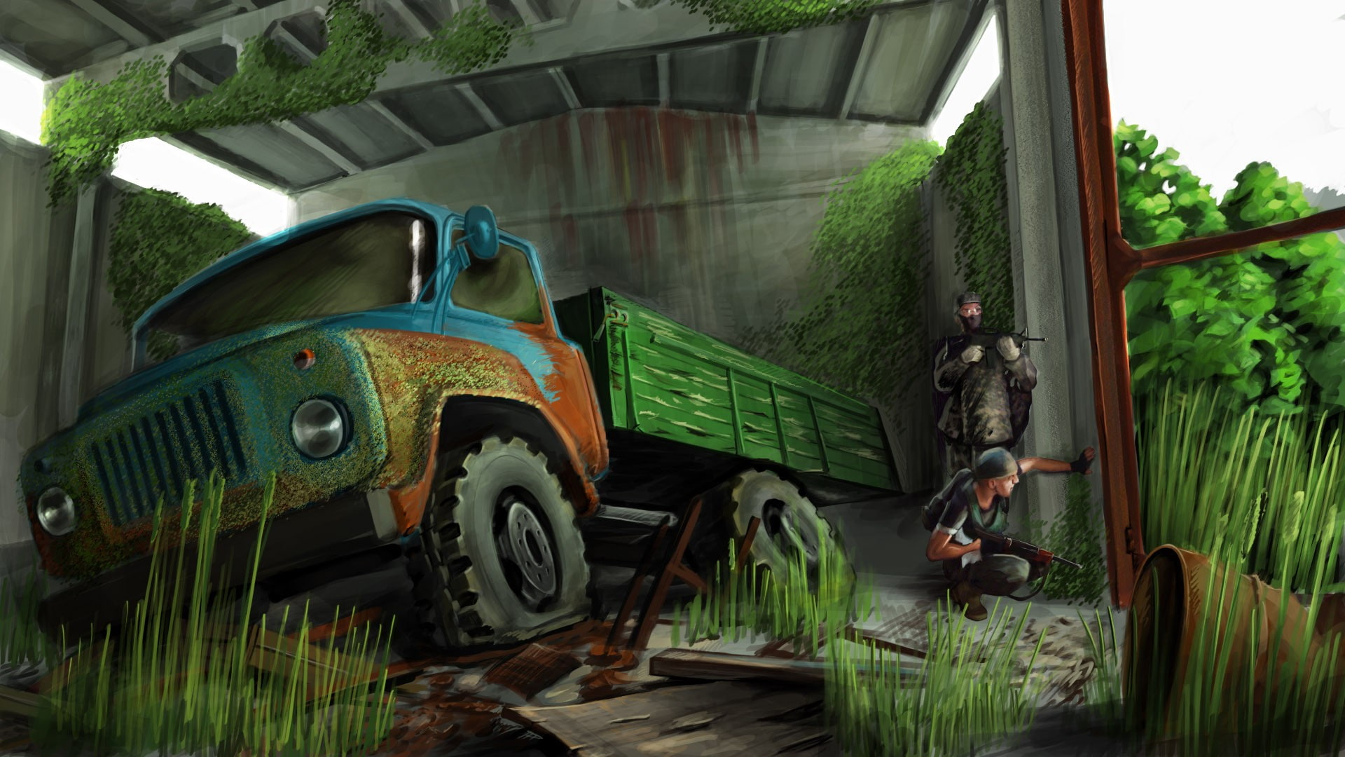 garage, old, stationary, architecture, mode of transportation, green color, motor vehicle, DayZ, wheel, outdoors, 1080P, transportation, no people, plant, HD Wallpaper