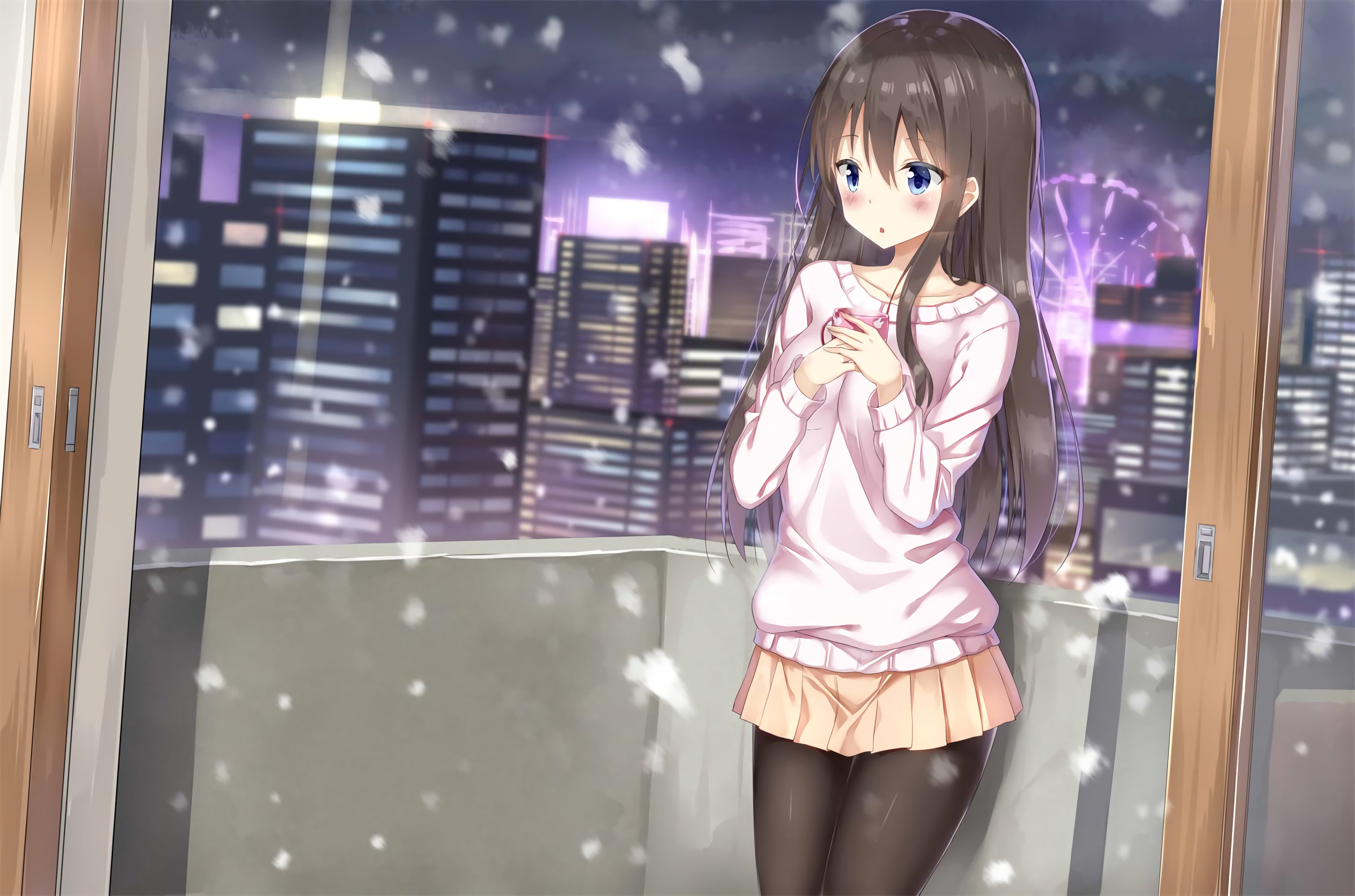 skirt, snow, winter, brunette, 2K, blue eyes, long hair, anime girls, anime, HD Wallpaper