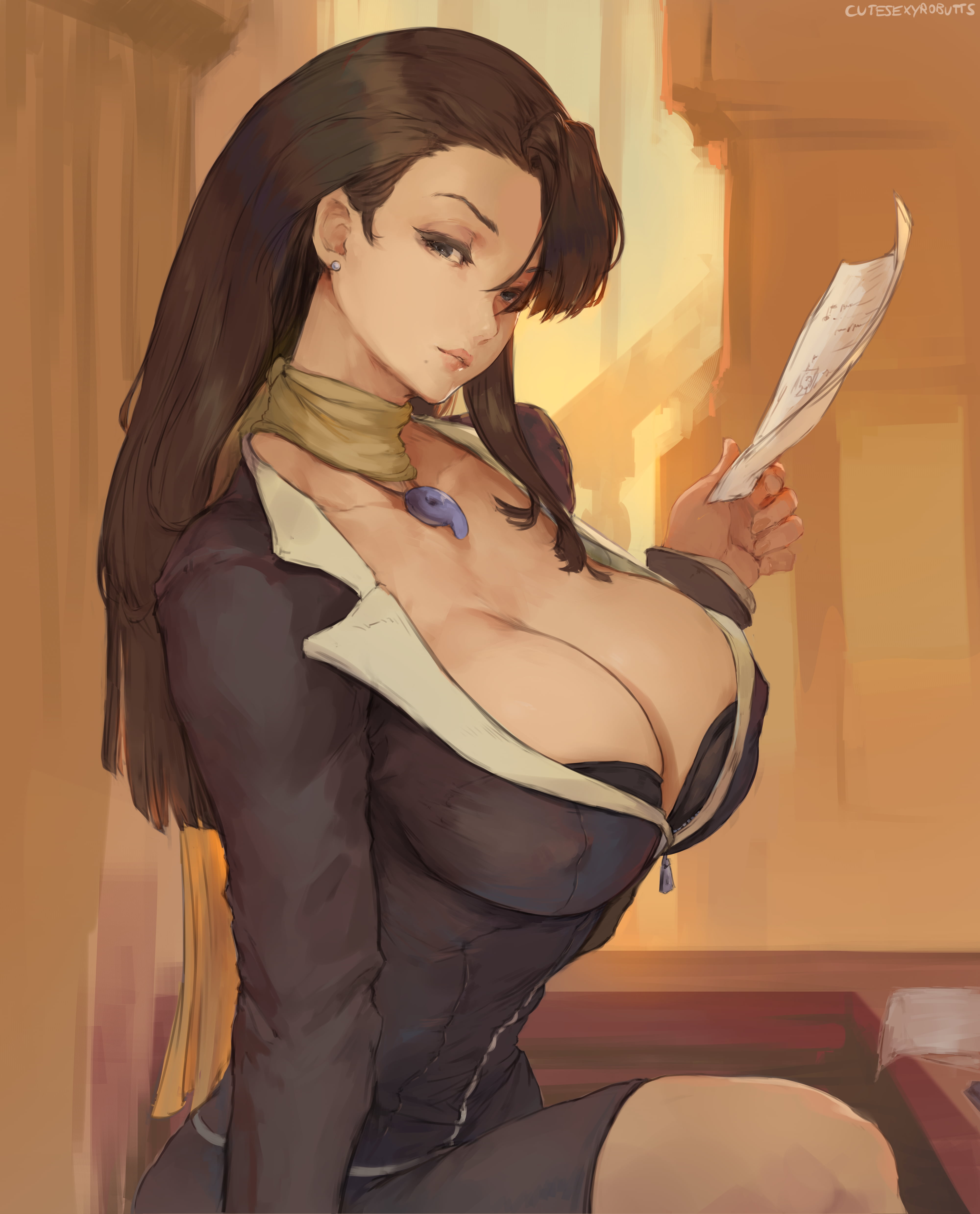 anime, suits, looking at viewer, fan art, drawing, cutesexyrobutts, 4K, 2D, ace attorney, Mia Fey, portrait display, anime girls, brunette, long hair, Phone HD Wallpaper