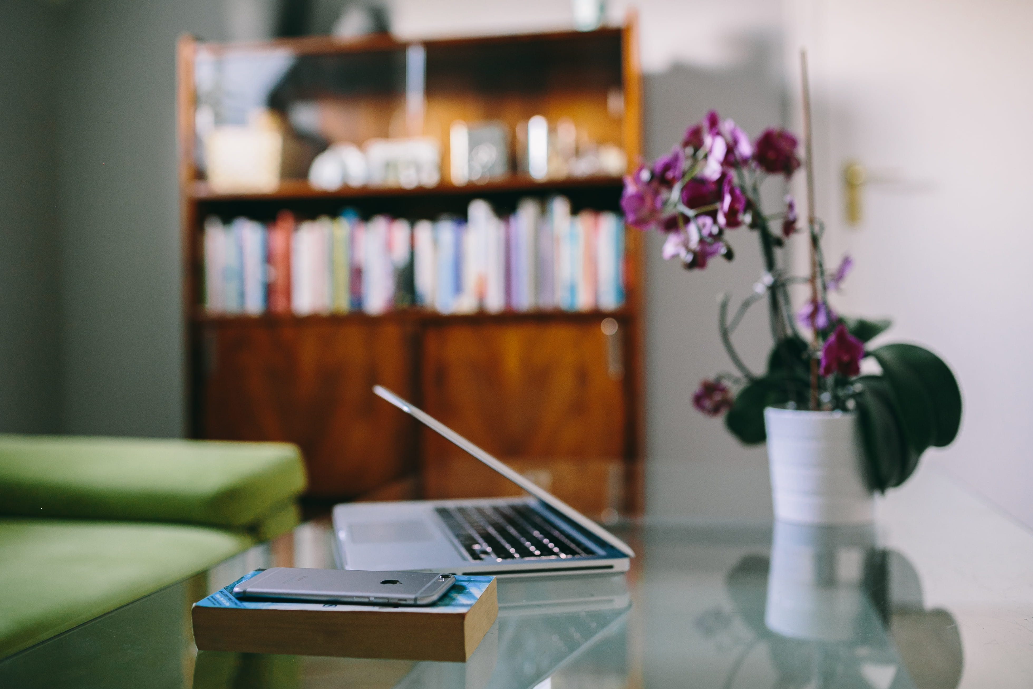 living Room, furniture, 4K, typing, decor, tech, music, selective focus, wiem, bookshelf, book, work, workplace, communication, connection, macbook, jezu, HD Wallpaper