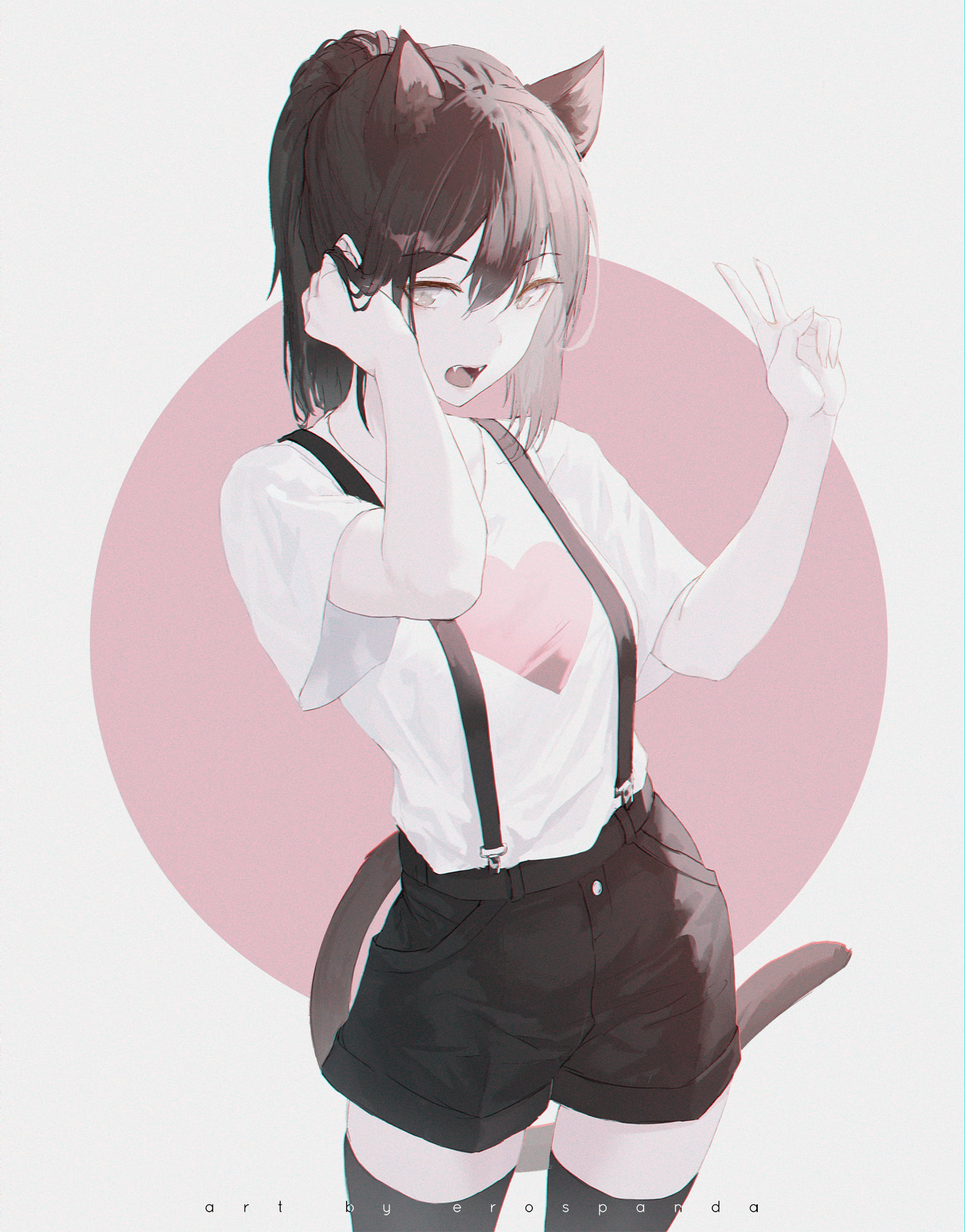 1080P, erospanda, cat tail, white t-shirt, dark hair, women, artwork, digital art, T-shirt, fangs, fan art, cat girl, cat ears, Phone HD Wallpaper
