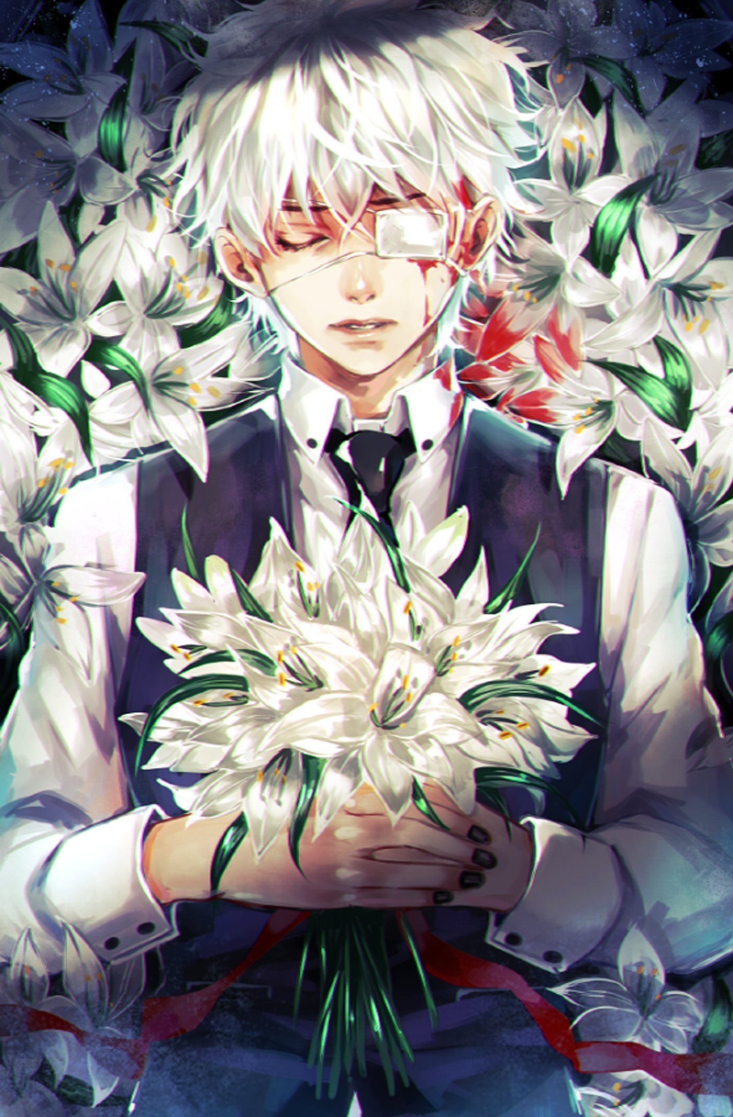 blood, flower, dead, white, guy, 1080P, anime, Phone HD Wallpaper