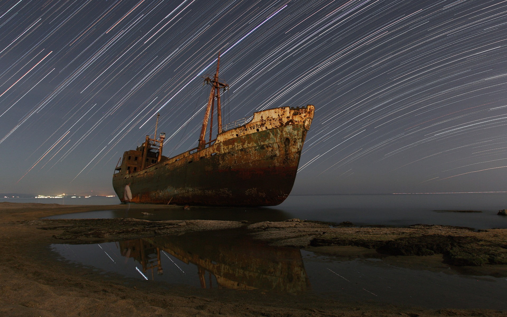 ship, beach, abandoned, landscape, 1080P, vehicle, long exposure, wreck, boat, HD Wallpaper