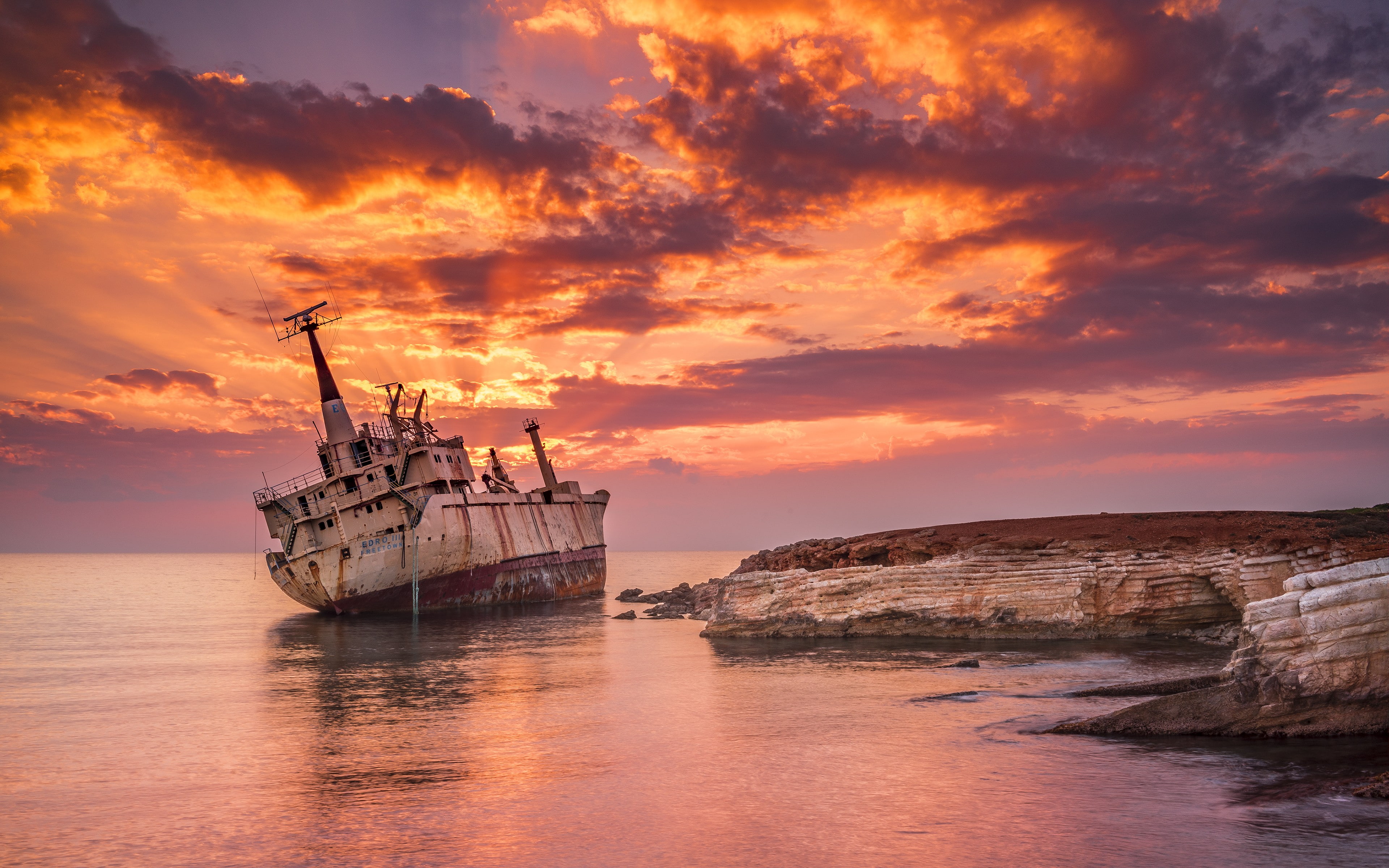 sea, landscape, sunset, 4K, shipwreck, HD Wallpaper