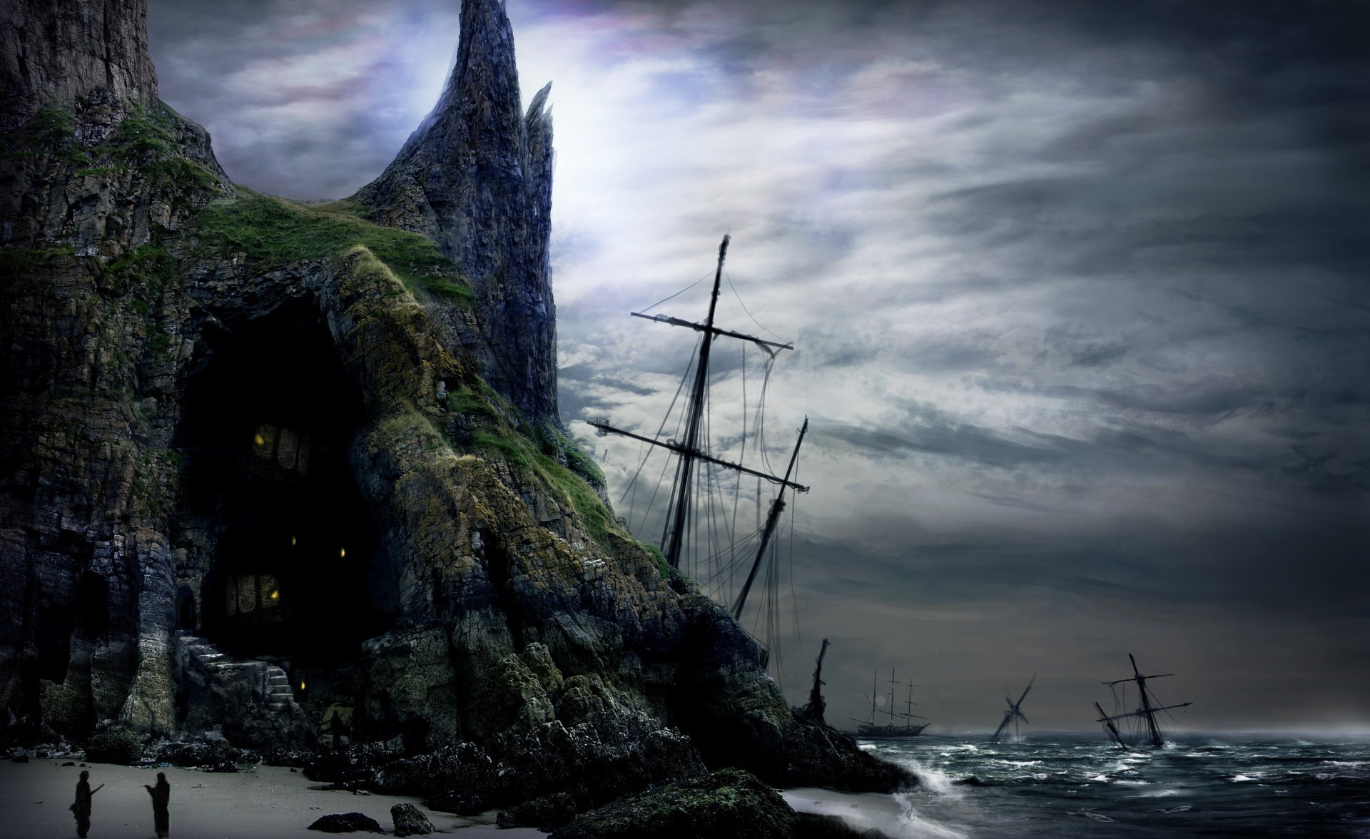pirates, scenics - nature, day, 1080P, no people, cloud - sky, beauty in nature, fantasy art, transportation, sky, shipwreck, tranquility, outdoors, nautical vessel, HD Wallpaper