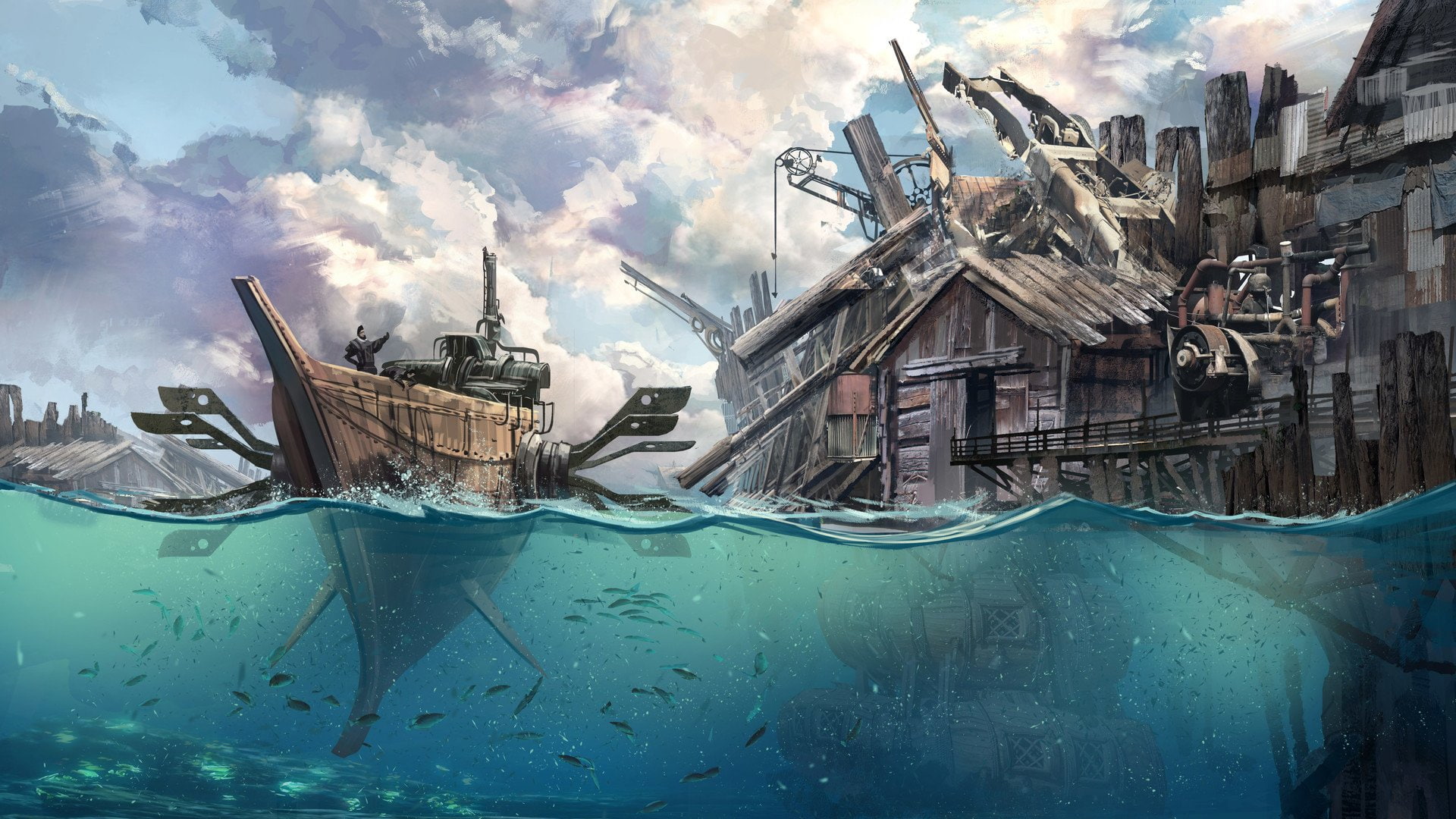 Boat, environment, transportation, mode of transportation, Sci Fi, nautical vessel, city, no people, cloud - sky, Steampunk, Building, architecture, building exterior, HD Wallpaper