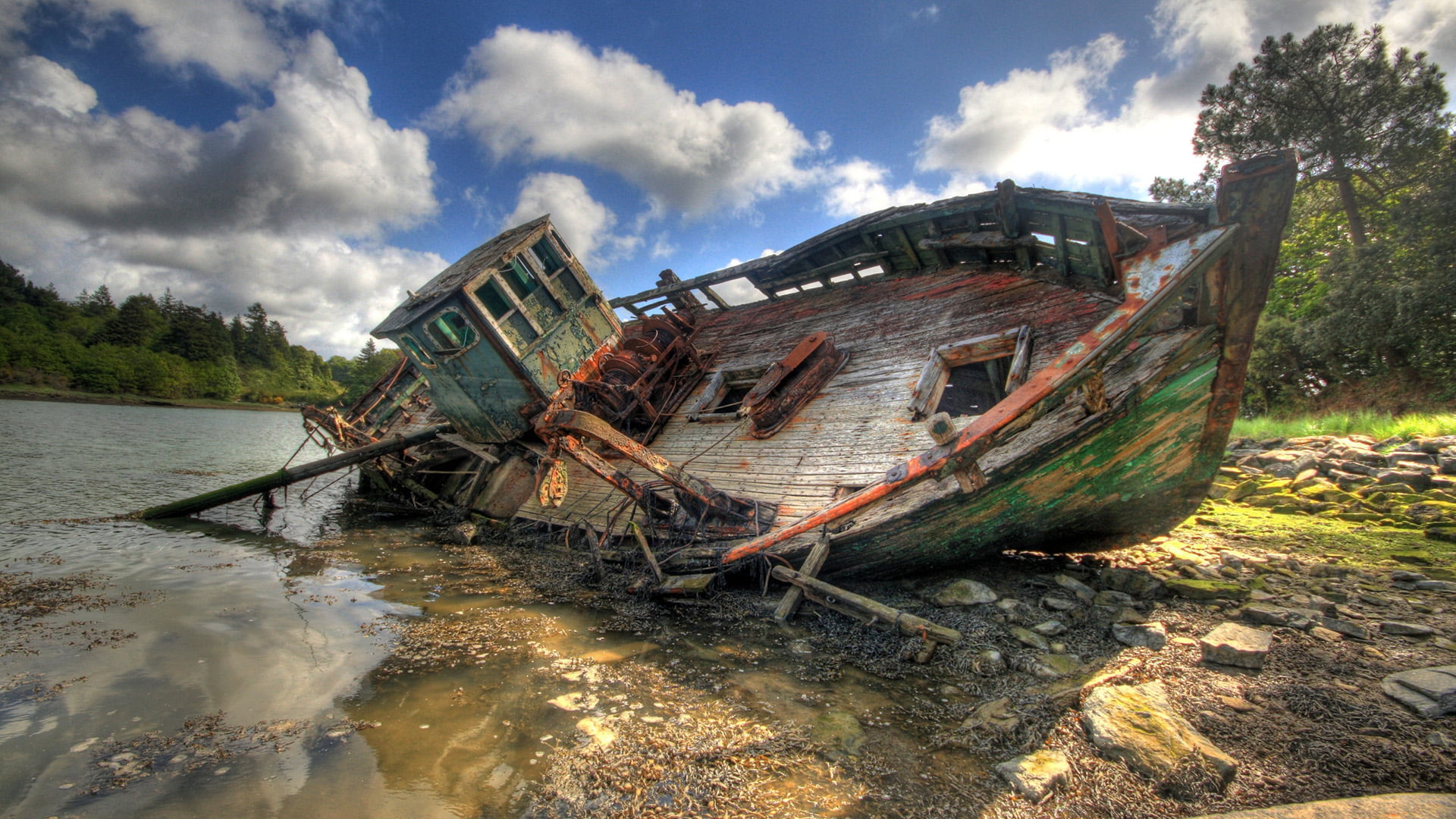 wreck, landscape, sinking, coast, island, nature, ocean, cloud - sky, mountain, tree, coastline, deterioration, ship, outdoors, decline, sky, shipwreck, HD Wallpaper