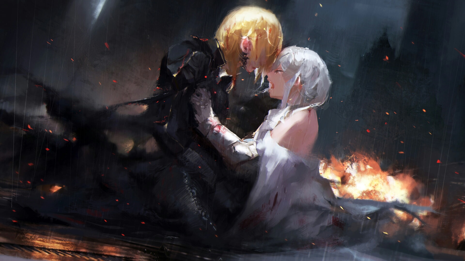 white hair  anime girls  Ruler (FateGrand Order)  Jeanne dArc  Fate Series  blonde  armor  rain  Saber (FateGrand Order)  FateGrand Order  fire  Artoria Pendragon  tears, HD Wallpaper