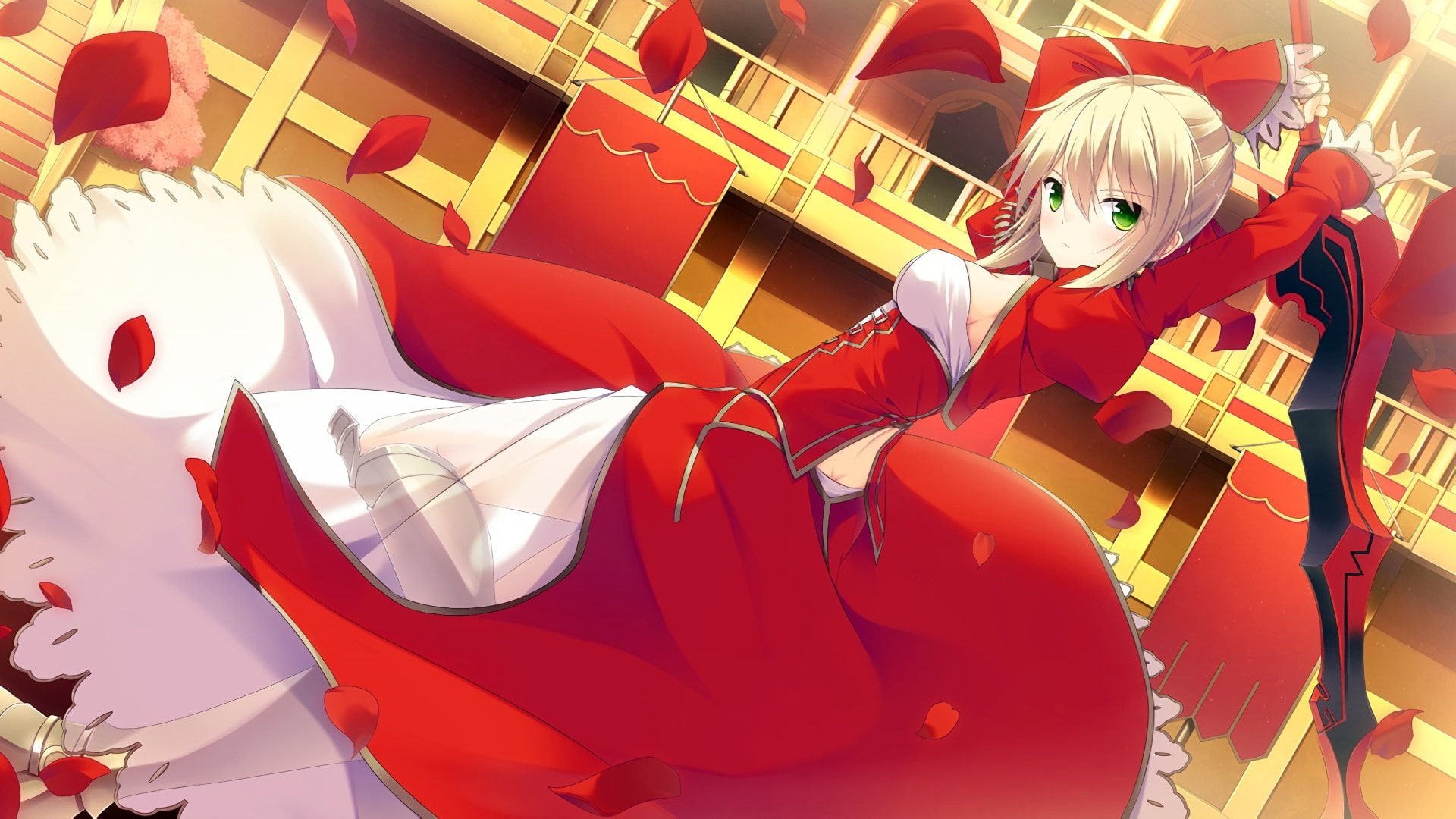 Girl, Blonde, 1080P, Woman Warrior, Fate/Extra Last Encore, Sword, Green Eyes, Saber (Fate Series), Anime, Red Dress, HD Wallpaper
