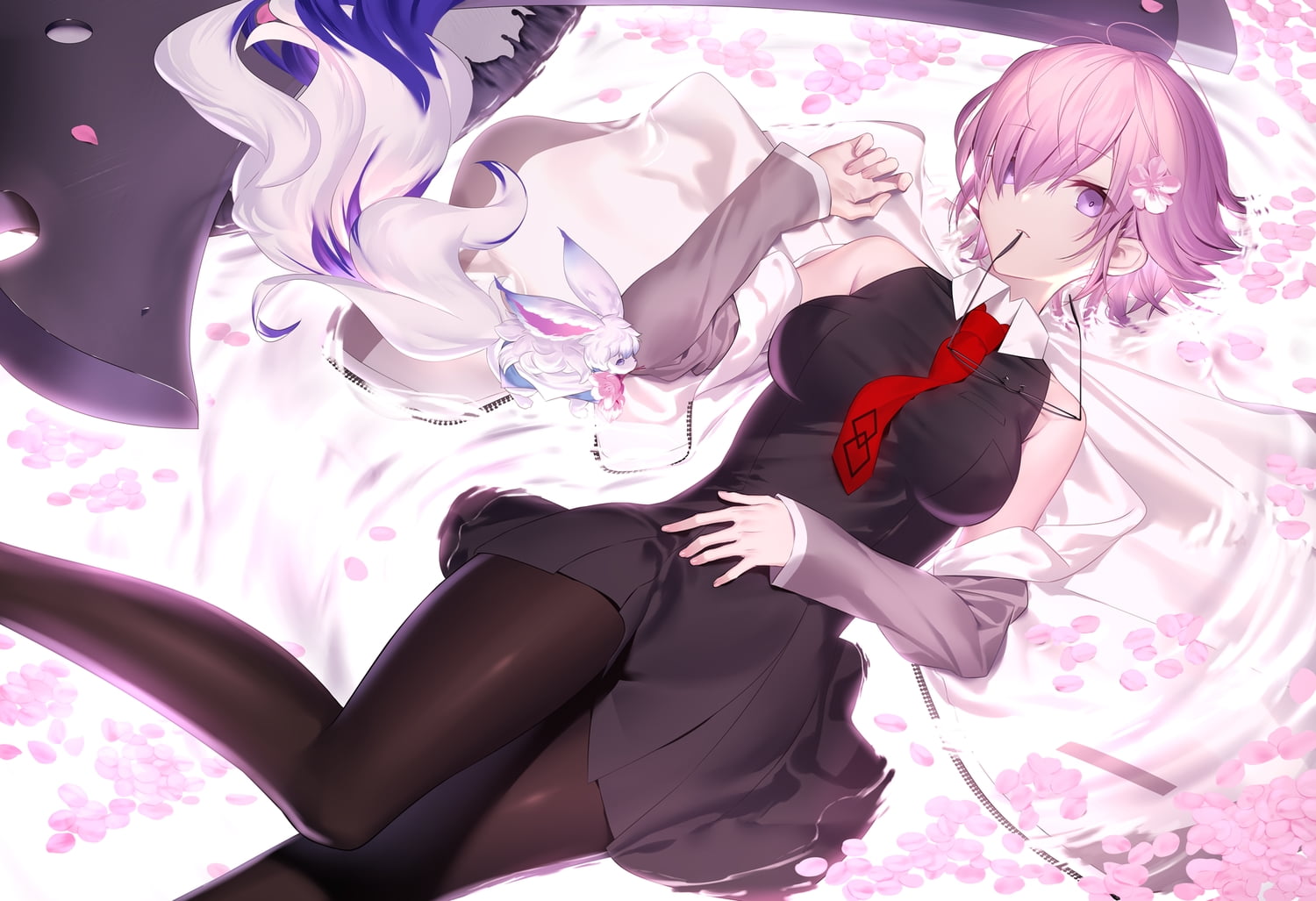 bed, Mash Kyrielight, purple hair, panty hose, dress, tie, short hair, purple eyes, petals, 720P, Fate/Grand Order, HD Wallpaper