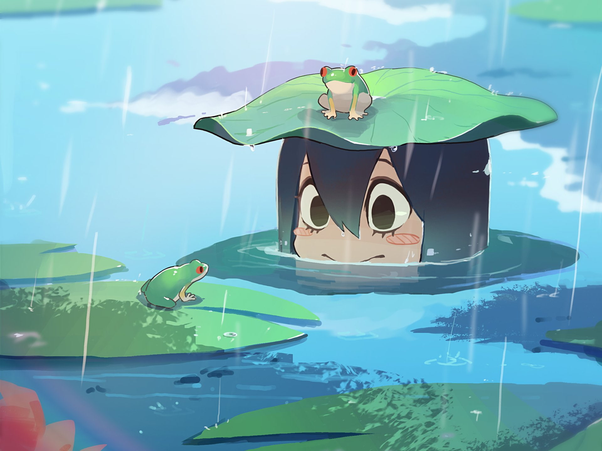 swimming pool, outdoors, reflection, glass - material, green color, sunlight, sport, sea, Tsuyu Asui, close-up, Anime, car, 1080P, floating, My Hero Academia, HD Wallpaper
