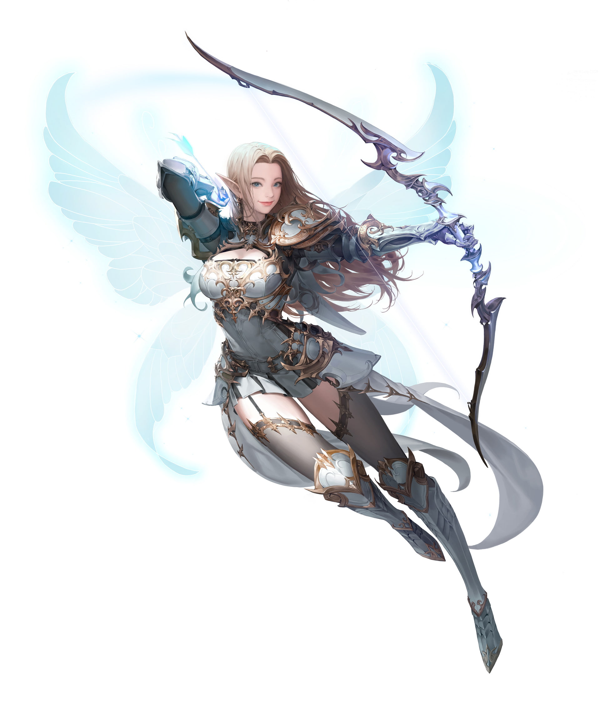 armor, wings, weapon, leotard, heels, Ake (Cherrylich), 1080P, pointed ears, cleavage, white  background, Phone HD Wallpaper