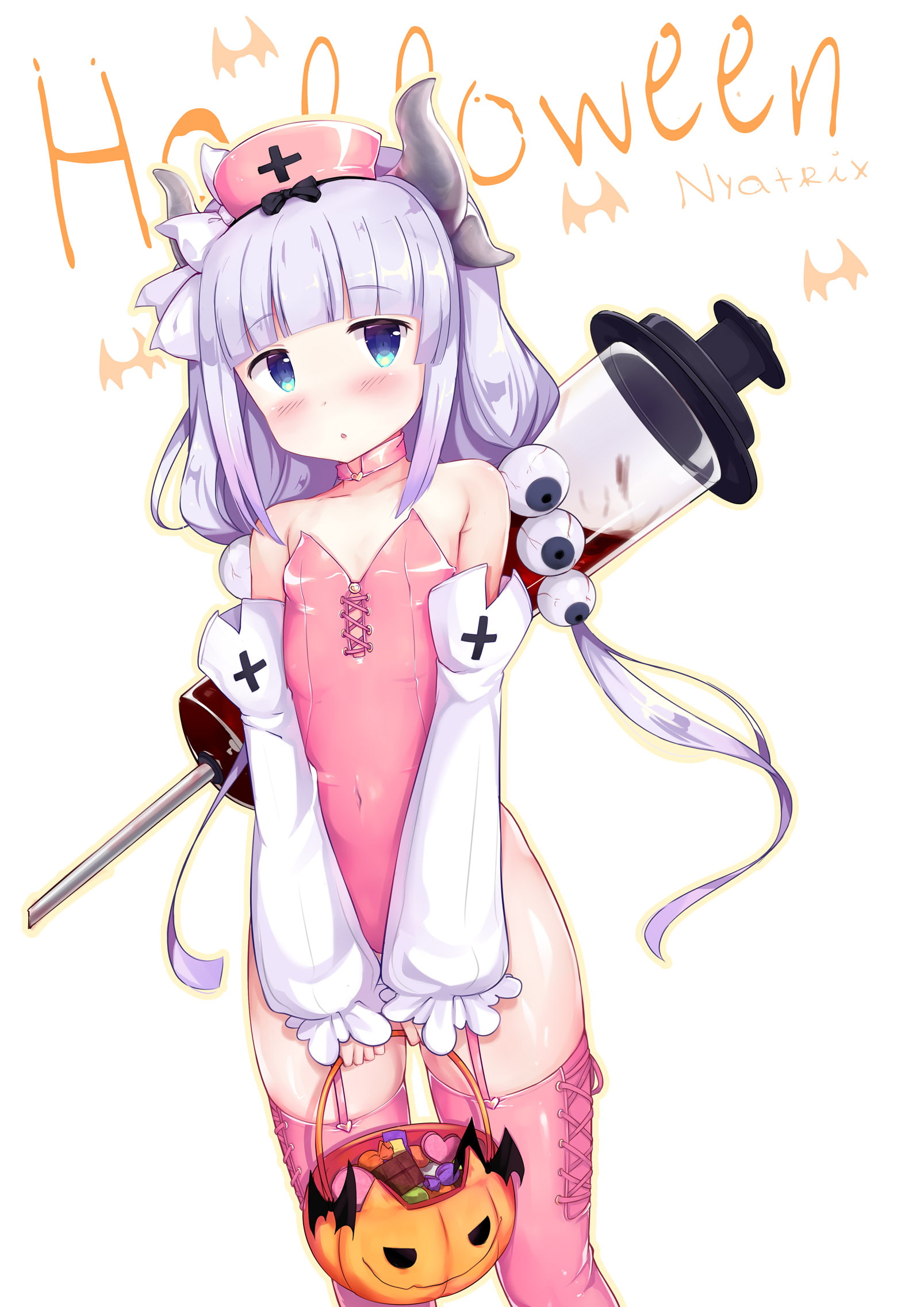 loli, Kobayashi-san Chi no Maid Dragon, horns, pumpkin, stockings, 1080P, white  background, Kanna Kamui (Kobayashi-san Chi no Maid Dragon), thigh-highs, Phone HD Wallpaper