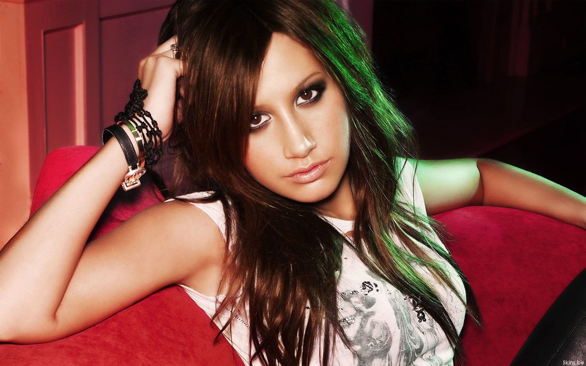 bracelets, long hair, women, 1080P, Ashley Tisdale, face, brown eyes, HD Wallpaper