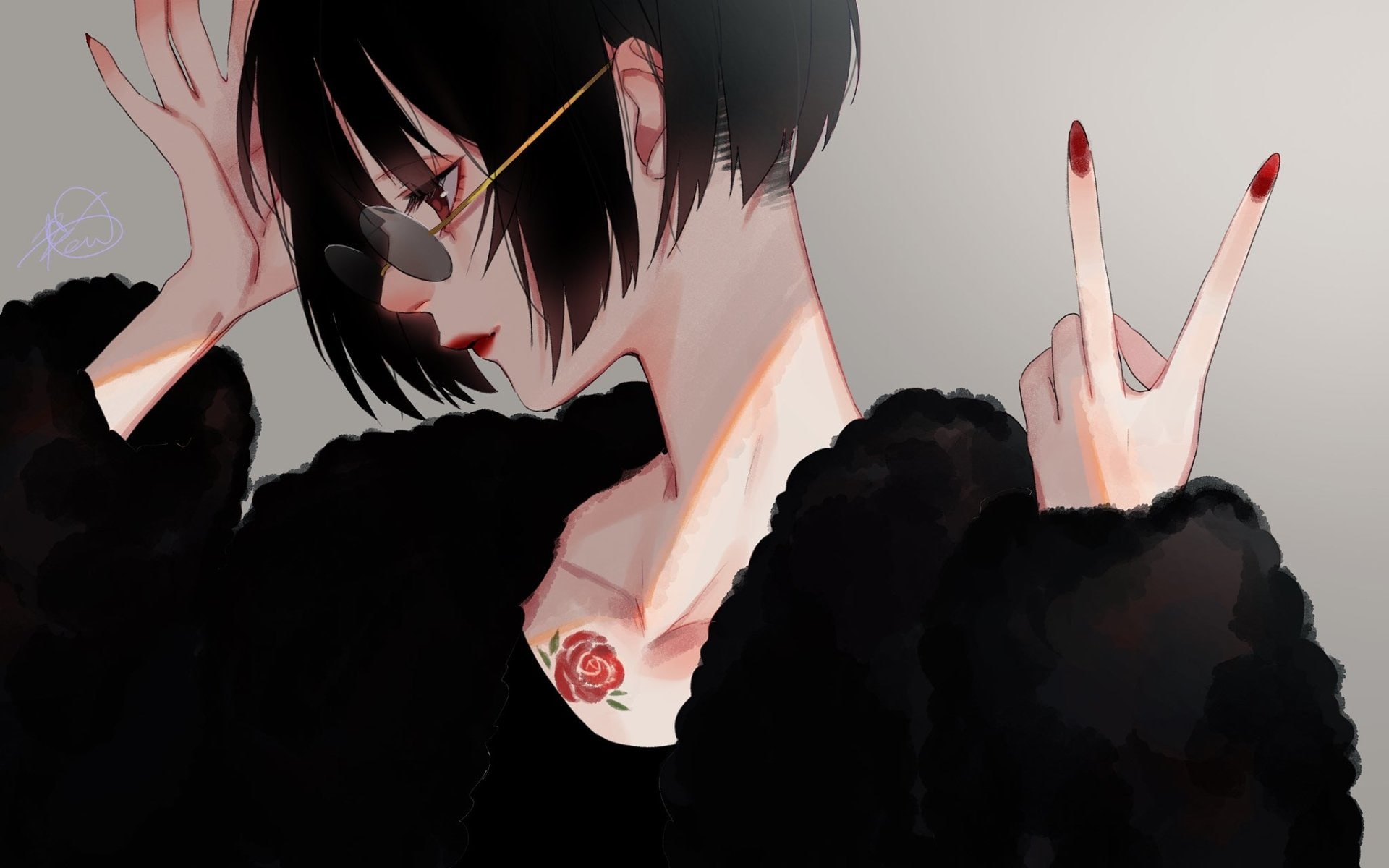 Peace Sign, Original, Tattoo, Sunglasses, Anime, Short Hair, Brown Eyes, 1080P, Black Hair, HD Wallpaper