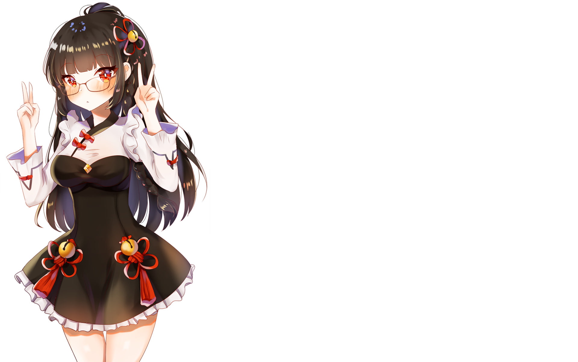Red Eyes, Long Hair, Original, Glasses, Peace Sign, Anime, Black Hair, 1080P, Blush, HD Wallpaper