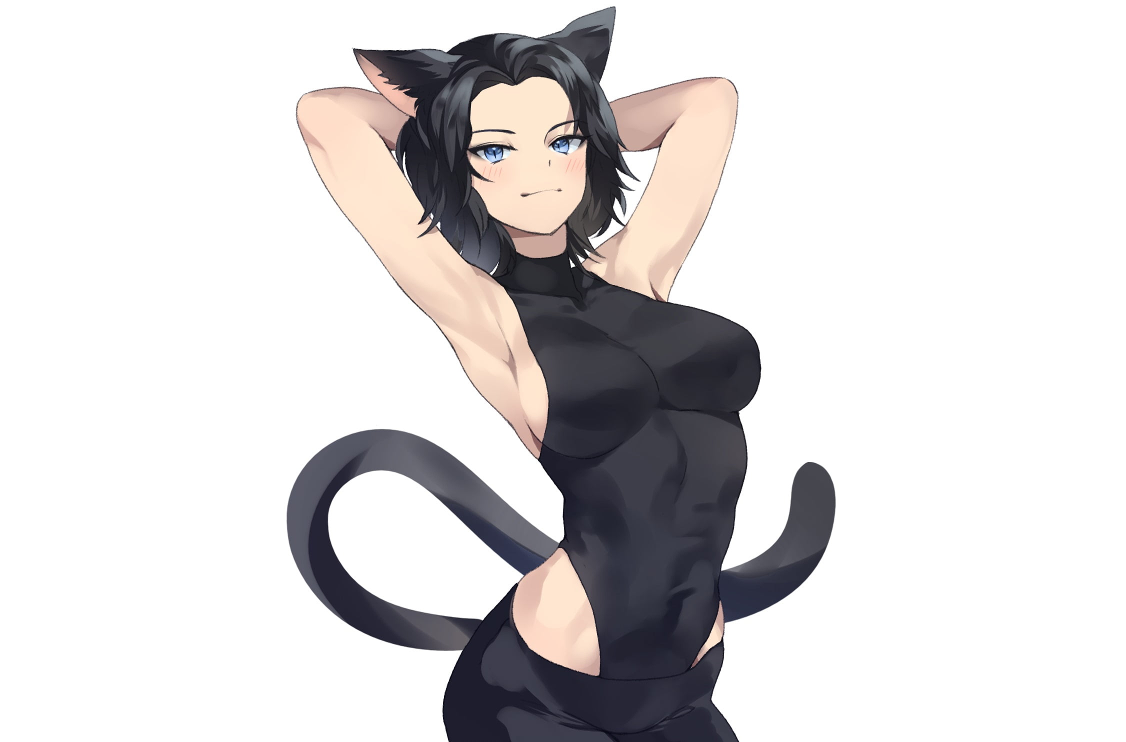 Miqote, black hair, blush, cat girl, blue eyes, leotard, 1080P, short hair, HD Wallpaper