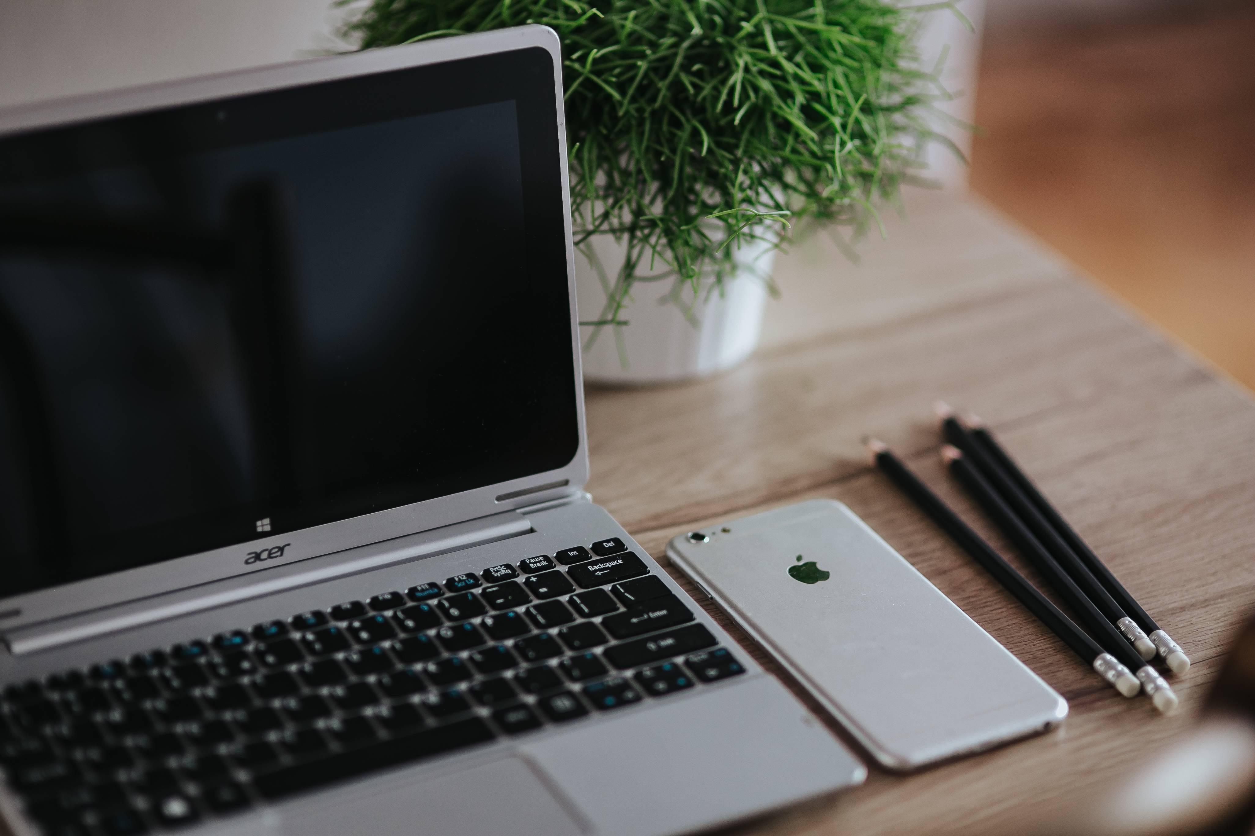desk, Acer, apple, keyboard, working, iphone, furniture, plant, Silver, wooden, wireless technology, business, internet, workplace, no people, occupation, HD Wallpaper