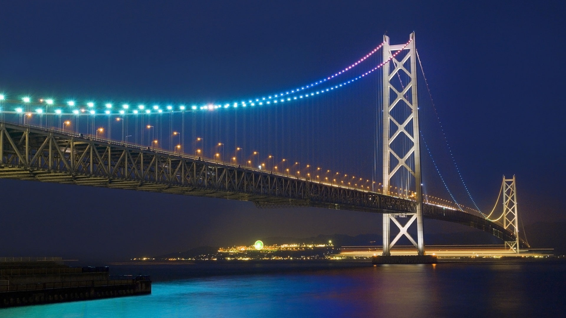 lights, sea, Japan, night, Akashi Kaikyō Bridge, bridge, architecture, 1080P, HD Wallpaper