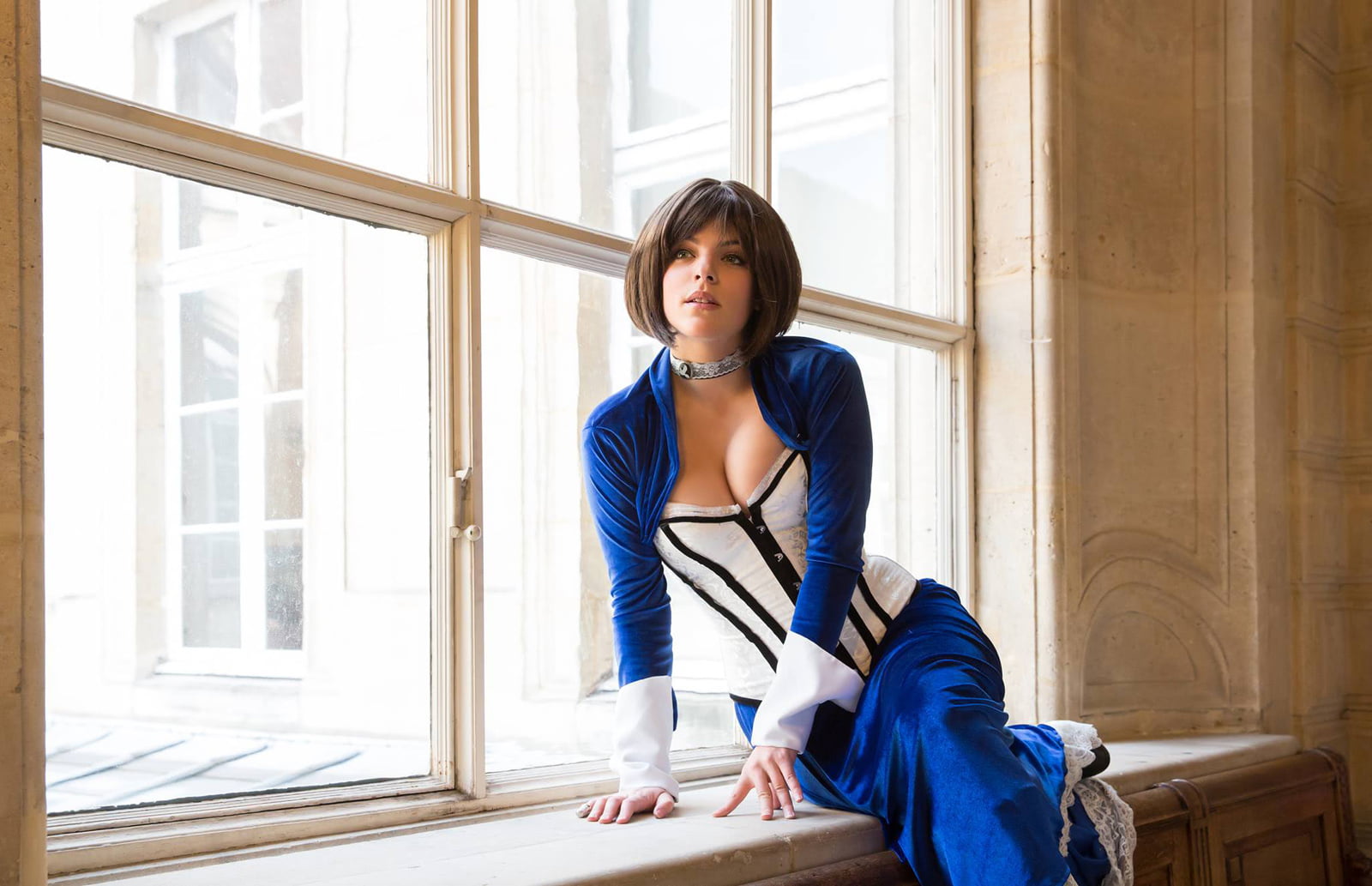 Elizabeth Comstock, BioShock Infinite, cosplay, women, short hair, sitting, women indoors, 720P, BioShock, HD Wallpaper