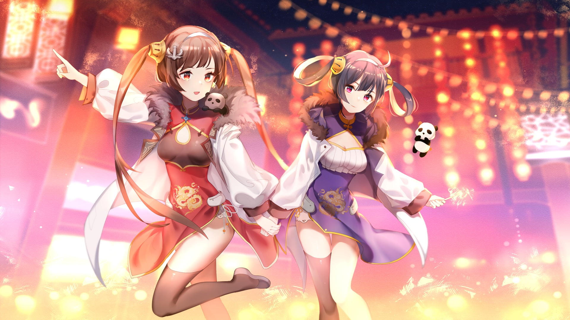 celebration, creativity, Ning Hai (Azur Lane), selective focus, event, adult, 1080P, Ping Hai (Azur Lane), Anime, night, people, outdoors, multi colored, HD Wallpaper