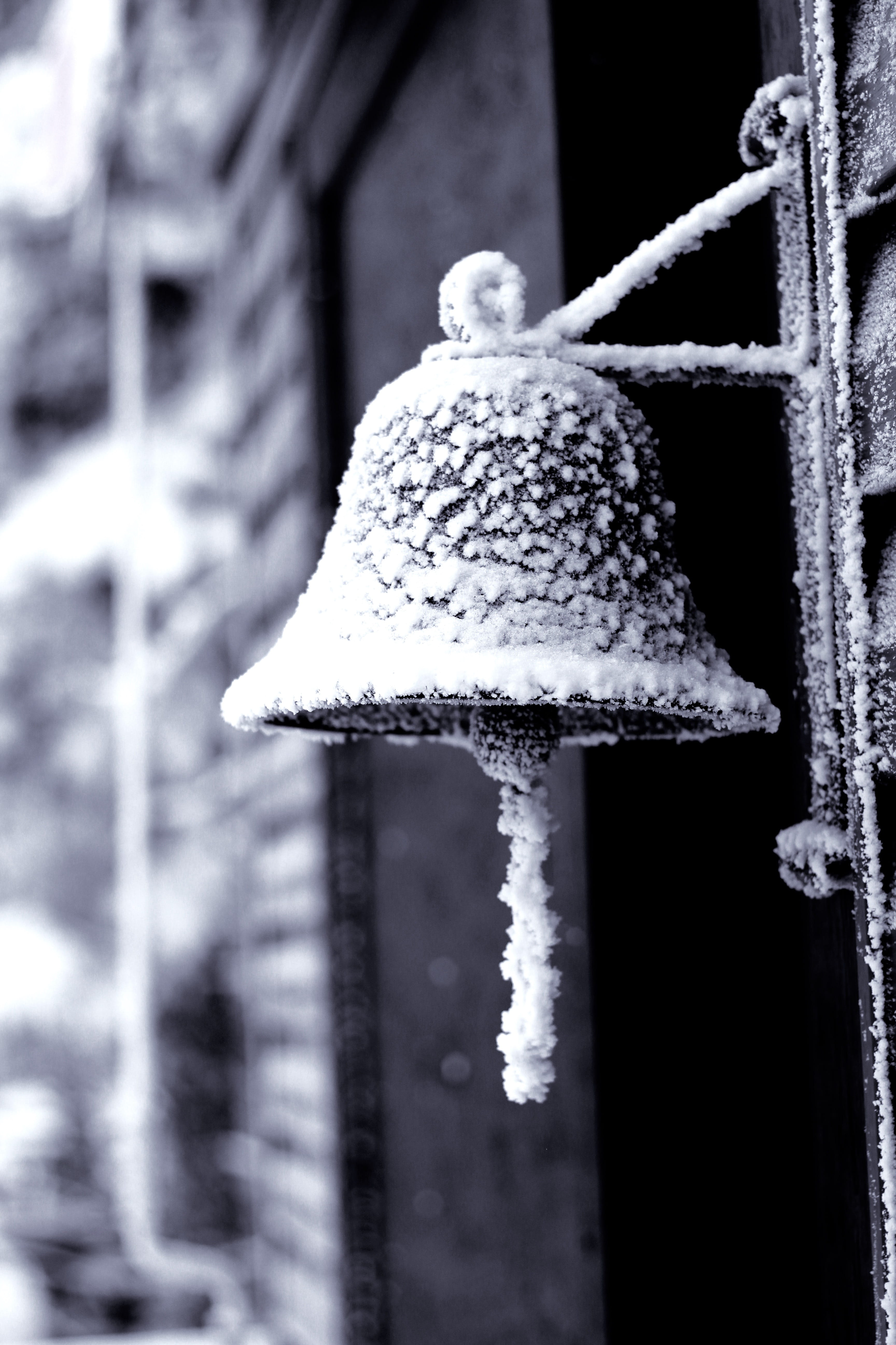 frost, cold temperature, snow, winter day, black and white, white color, winter, architecture, bell, shape, pattern, built structure, hanging, nature, frozen, Phone HD Wallpaper
