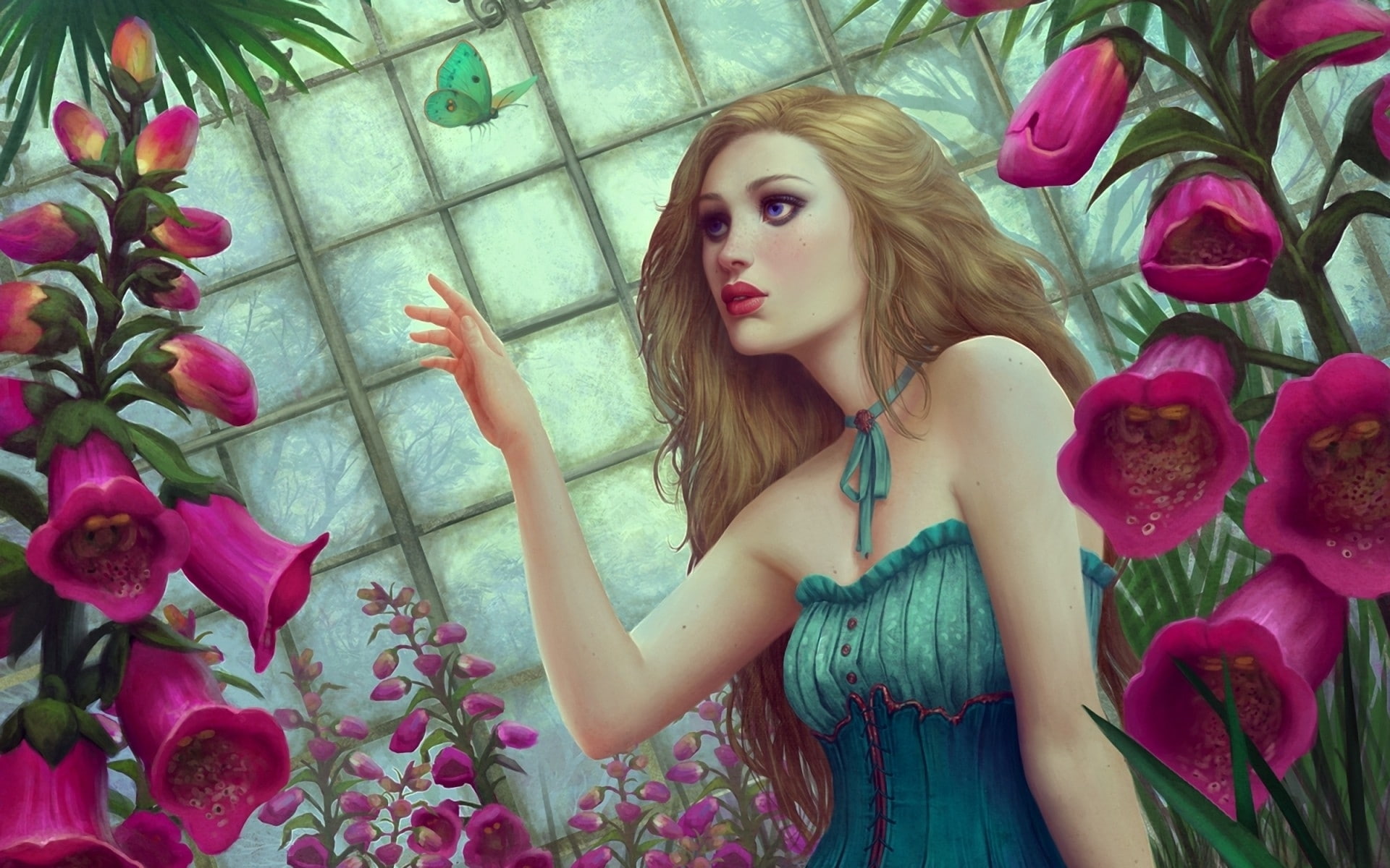 1080P, digital, abstract, artwork, women, foxgloves, art, fantasy, HD Wallpaper