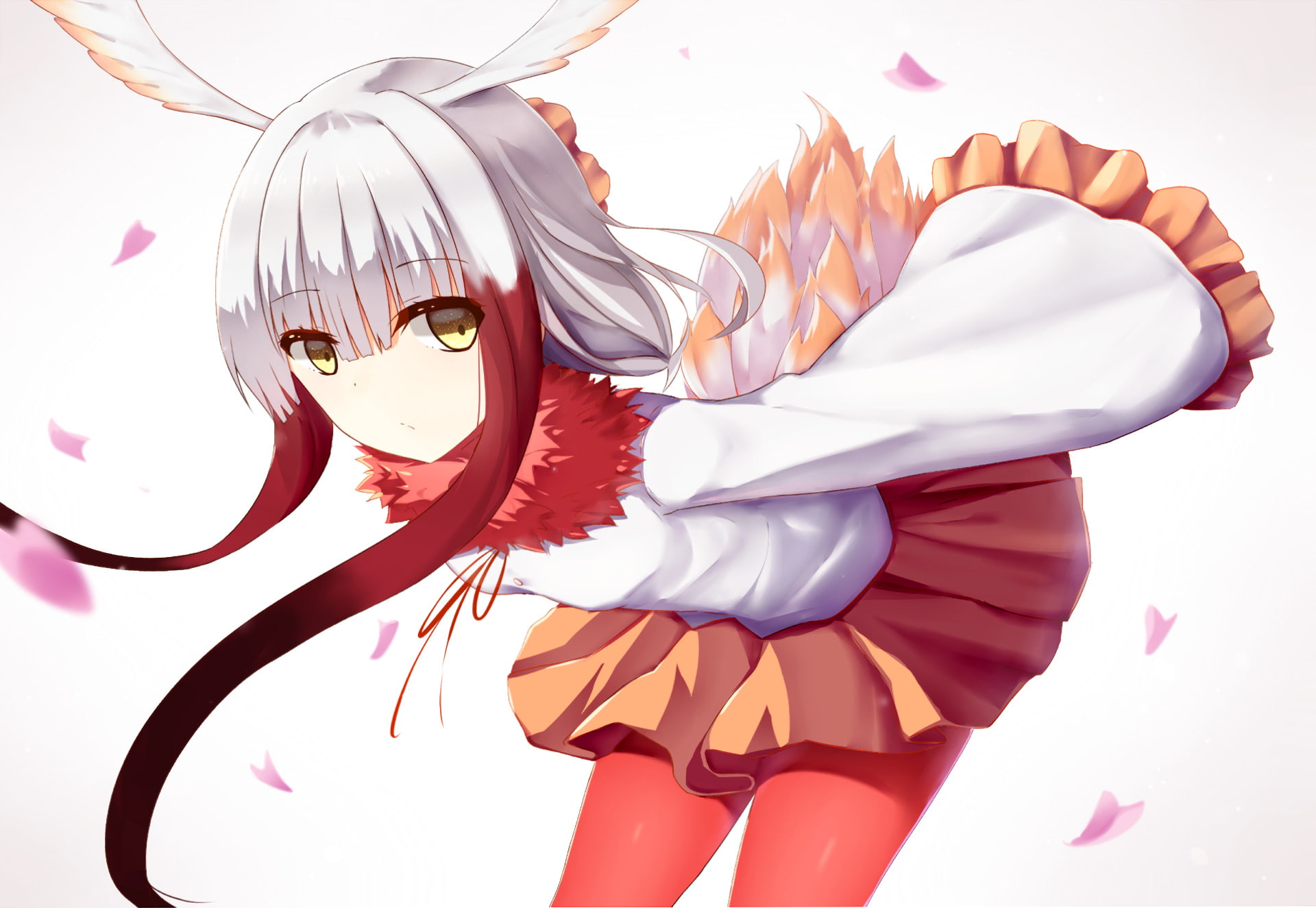 one person, young adult, studio shot, white background, costume, Kemono Friends, women, young women, purple, Anime, creativity, 1080P, red, Crested Ibis (Kemono Friends), HD Wallpaper