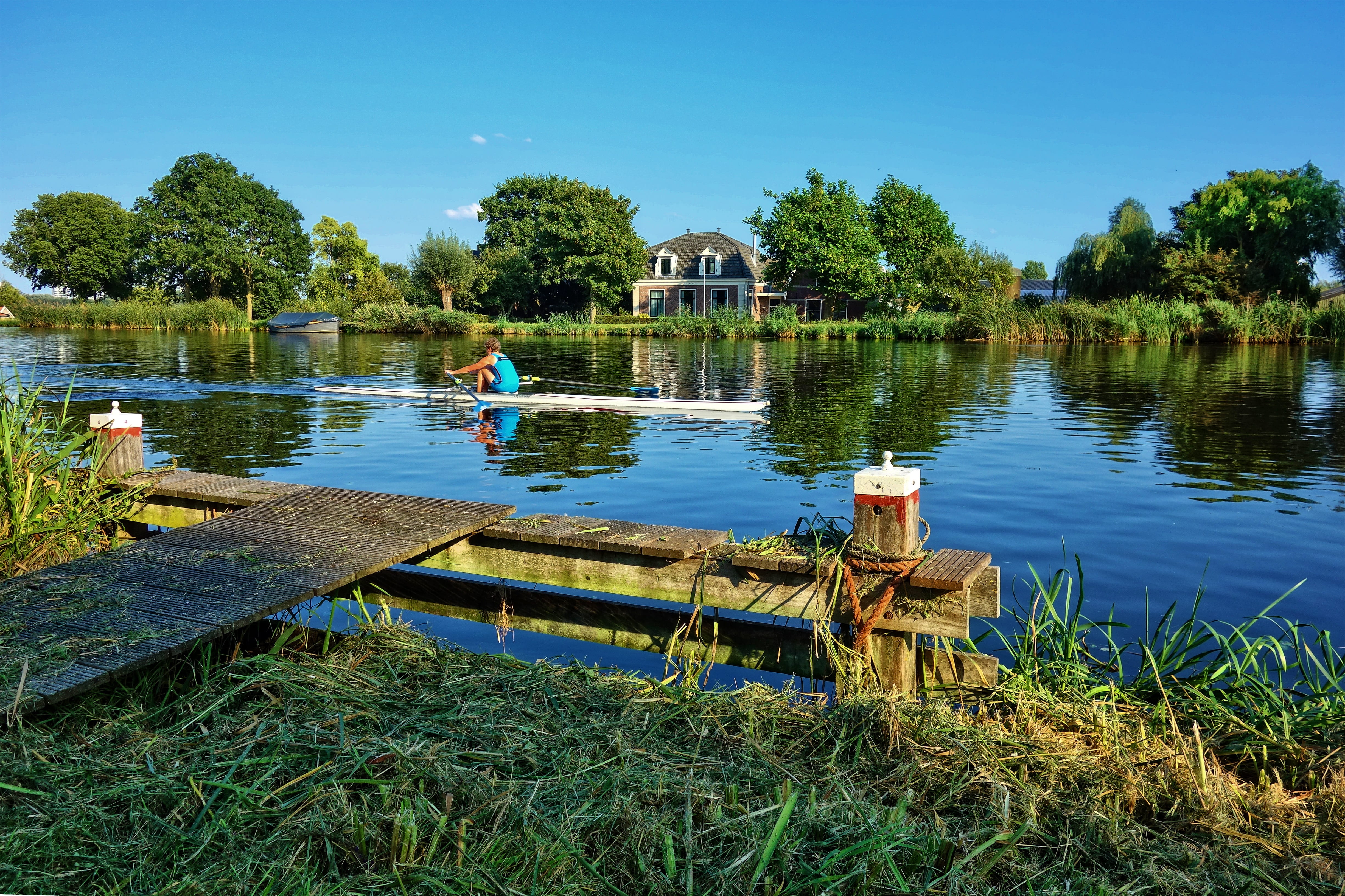 summer, lake, sport, nature, tree, blue, water, recreation, architecture, reflection, grass, tranquility, amstel, day, netherlands, plant, green color, HD Wallpaper
