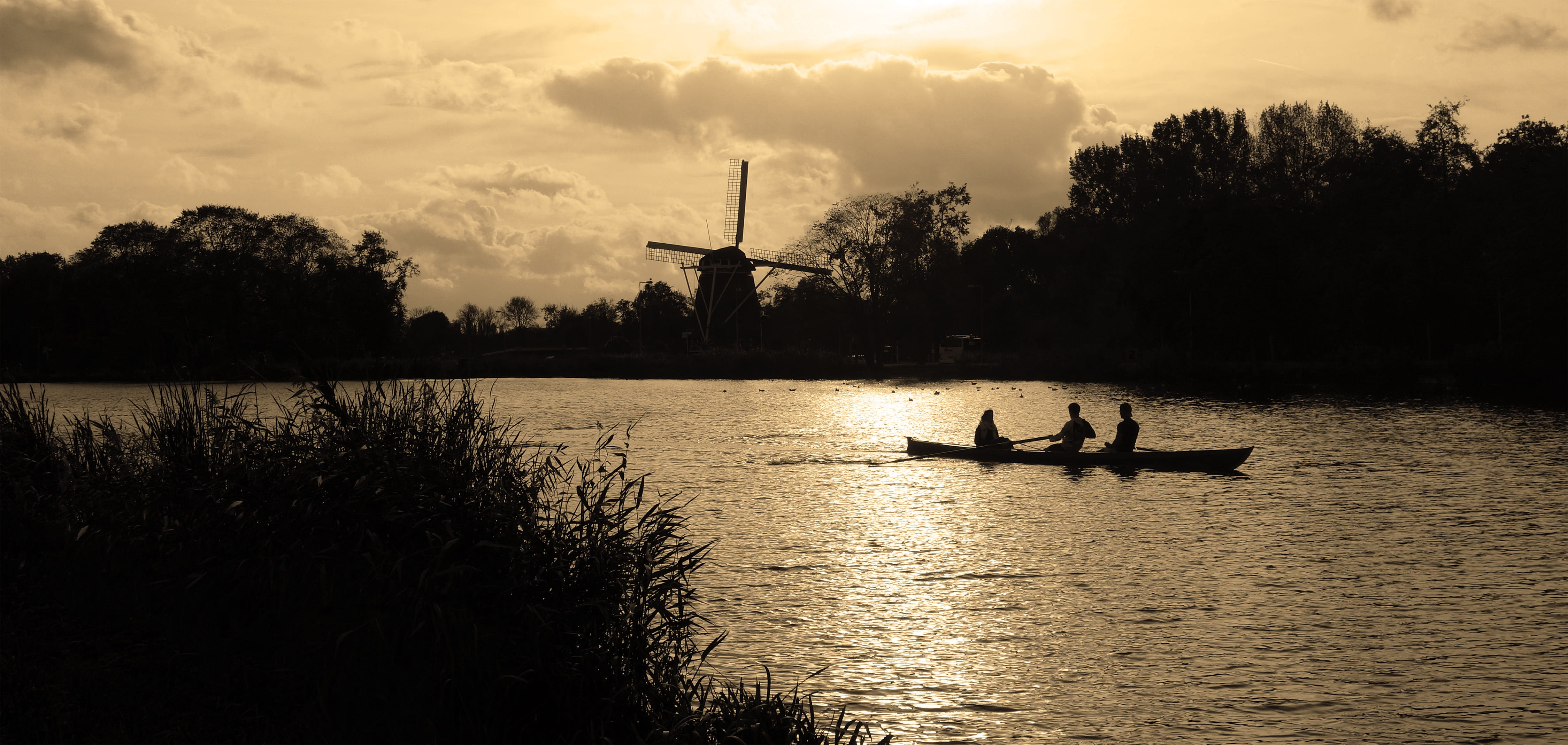 cloud - sky, outdoors, transportation, riekermolen, rower, netherlands, nautical vessel, mill, sky, nature, people, stream, men, river, two, rowers, buitenveldert-oost, HD Wallpaper